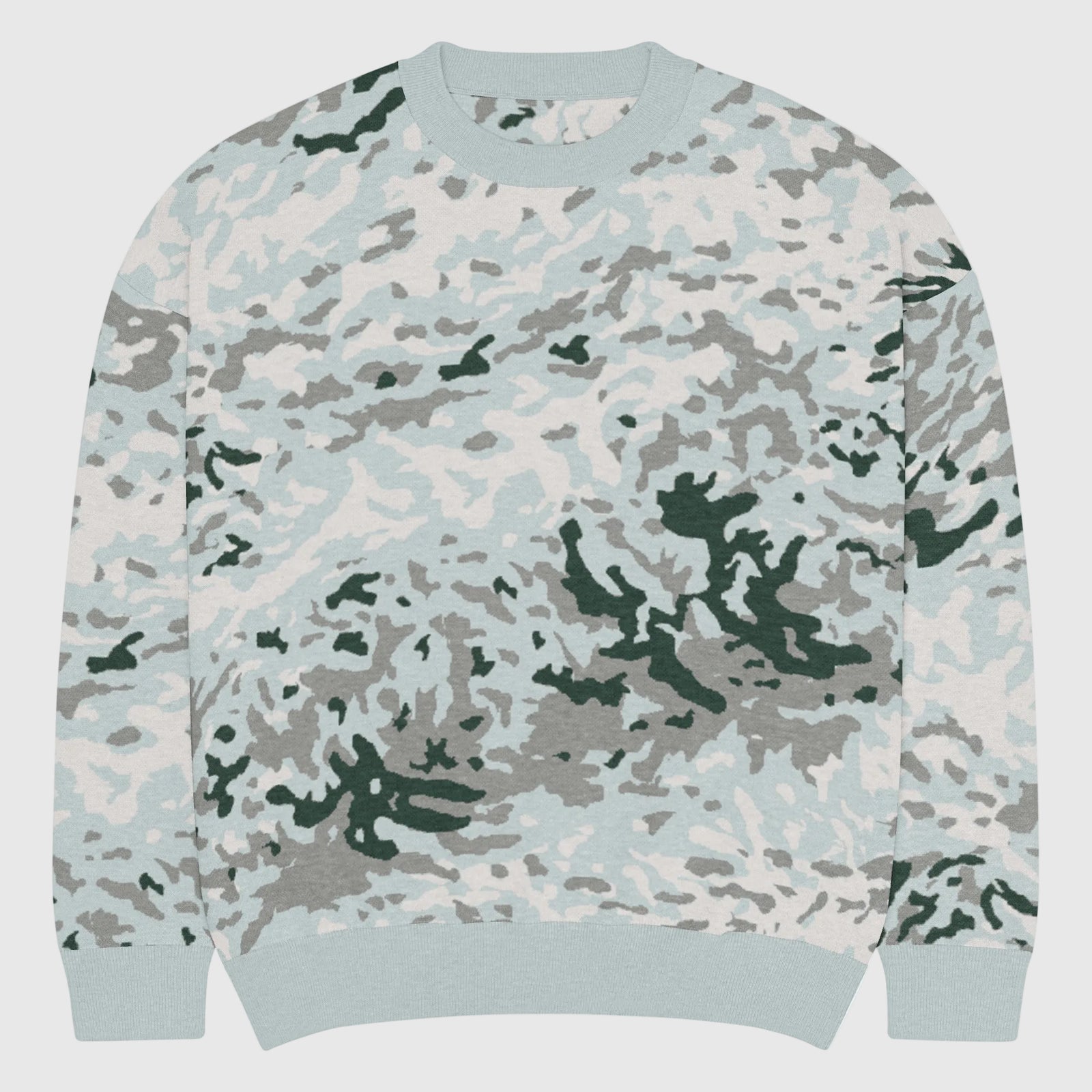 Arctic Splotch relaxed-fit crewneck sweater in icy blue, gray and forest green camouflage, front view