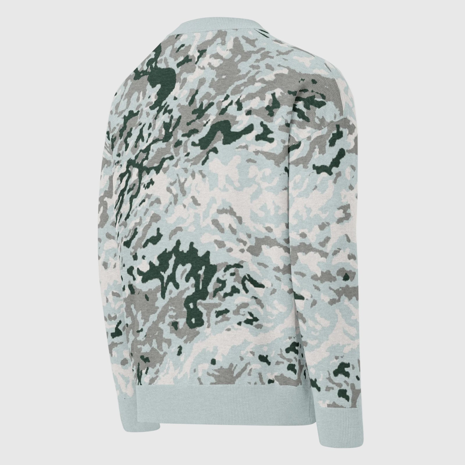 Arctic Splotch relaxed-fit camouflage knit crewneck sweater, rear three-quarter view