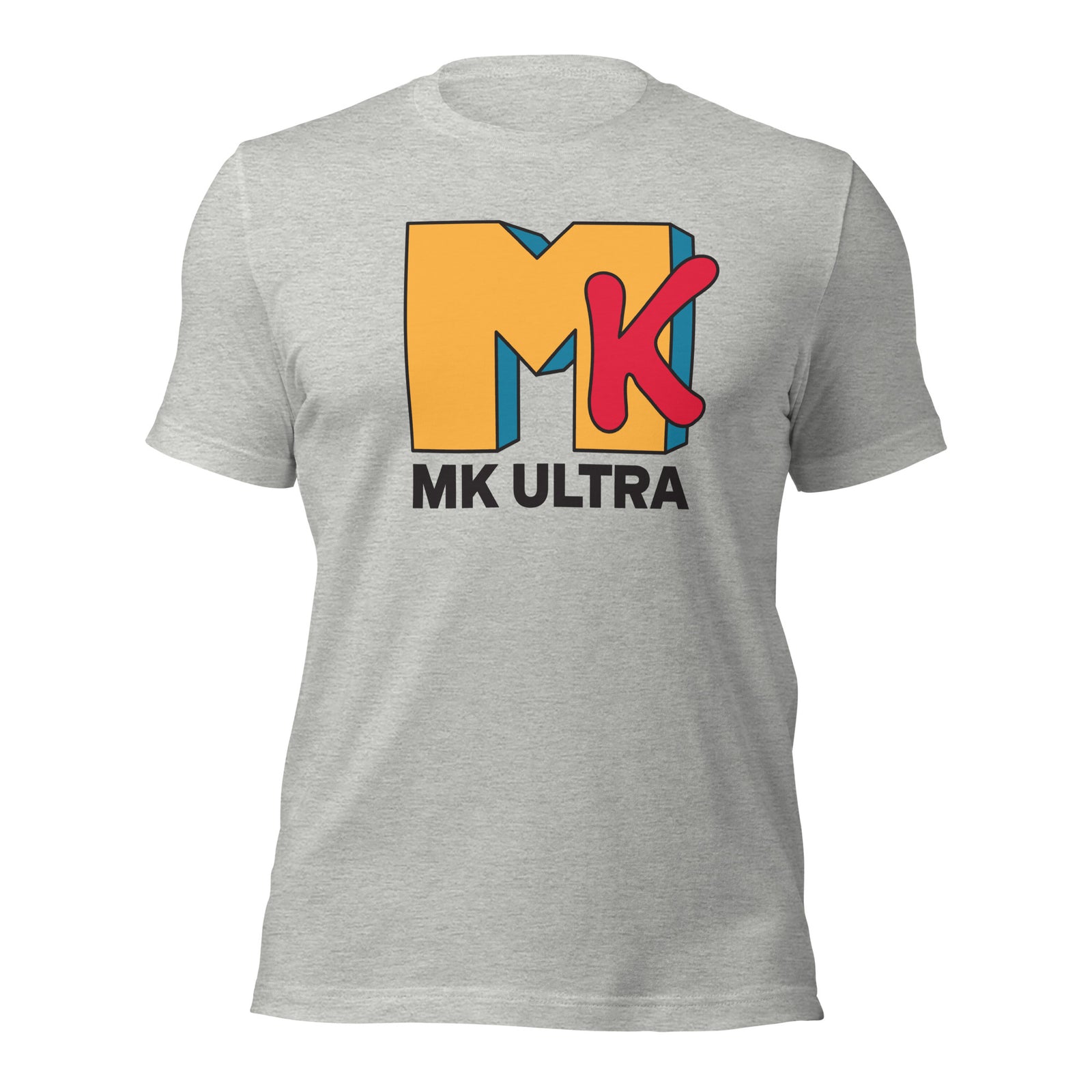 Gray t-shirt with colorful 'MK Ultra' logo on a white background