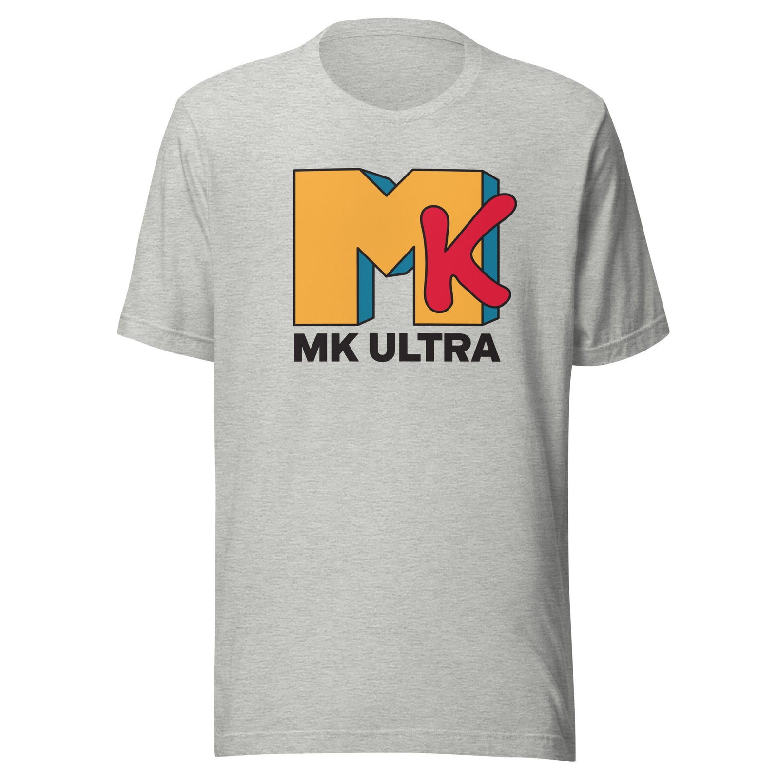 Athletic heather Gray t-shirt with colorful 'MK Ultra' logo on a white background by Liberty Maniacs