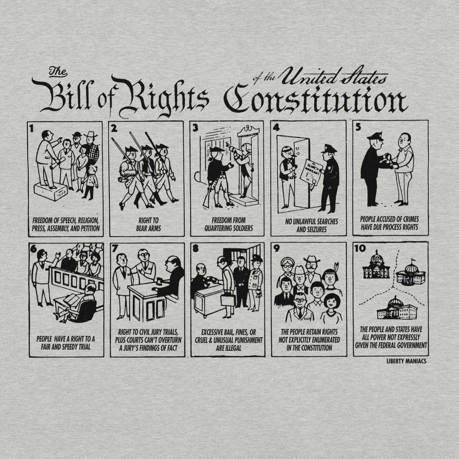 Illustrations of the Bill of Rights on a gray background