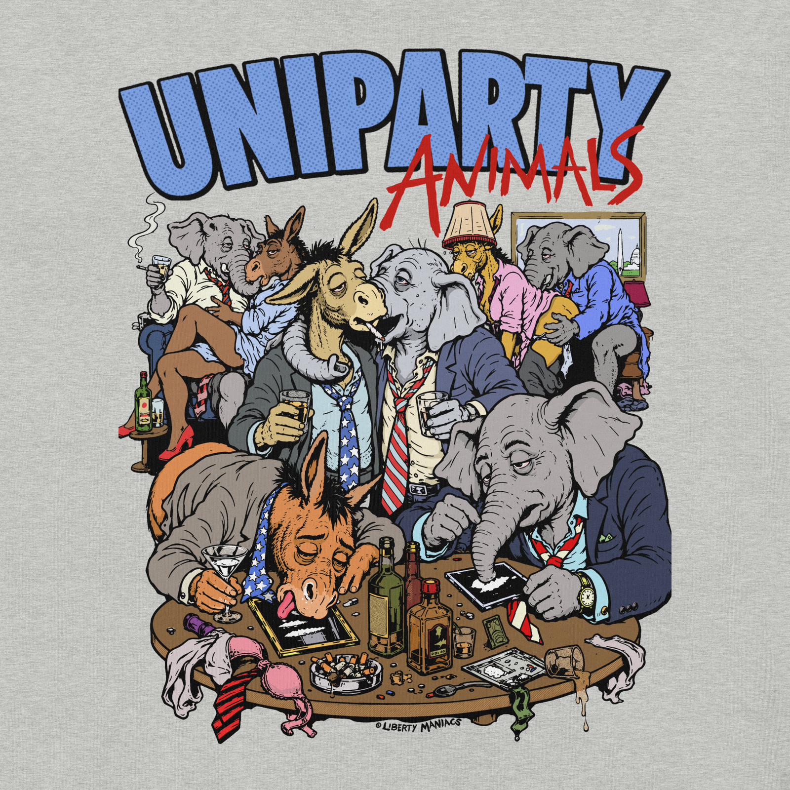 Uniparty Animals T-Shirt by Liberty Maniacs featuring cartoon donkey and elephant mascots in suits at a lively Washington gathering
