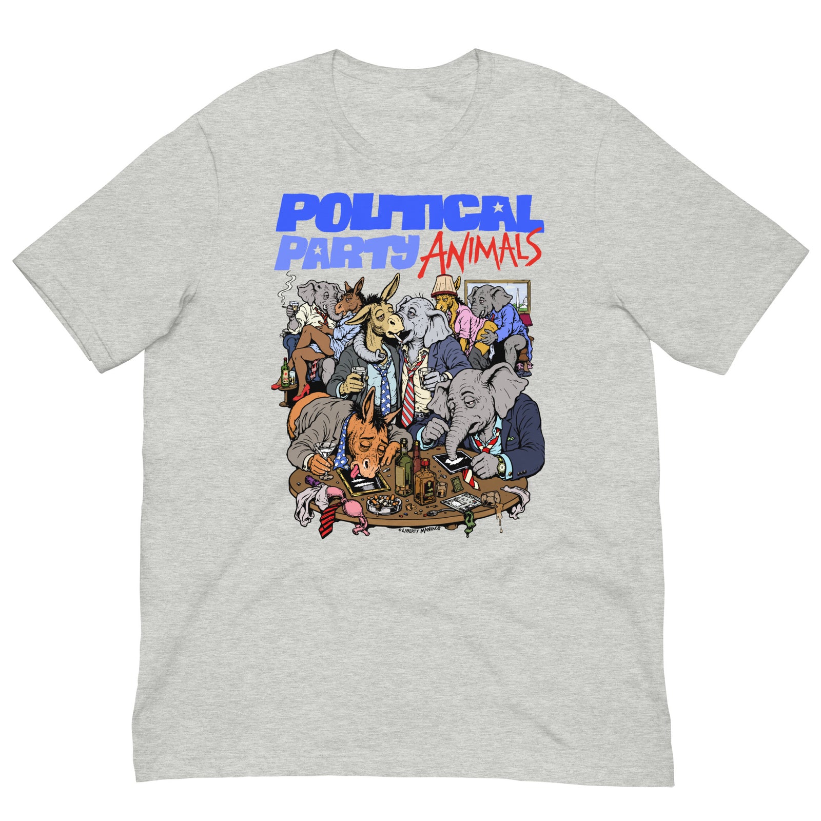 A light heather gray crewneck t-shirt featuring a colorful graphic print of various political animals (elephant, donkey, rabbit, etc.) gathered around a campfire, with the text 'POLITICAL PARTYS ANIMALS' printed above them.