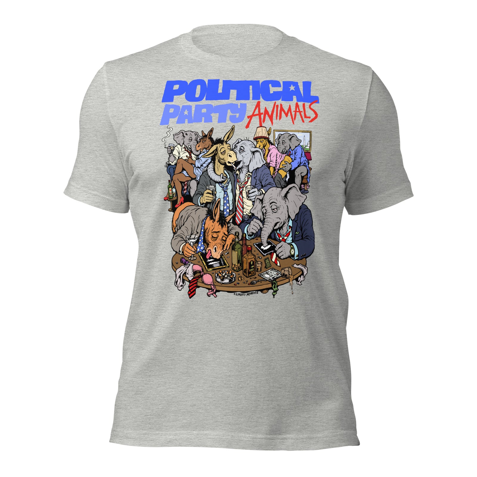 A heather gray short-sleeve t-shirt with a graphic print on the front. The graphic features the text 'POLITICAL PARTY ANIMALS' in blue and red, above a detailed cartoon illustration of various animals dressed in suits gathered around a table.