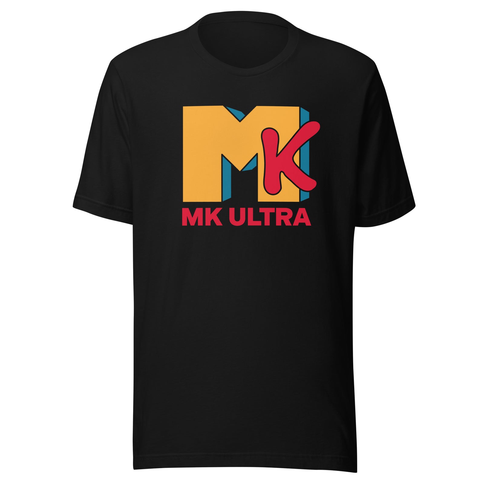 Black t-shirt with colorful 'MK Ultra' logo on a white background