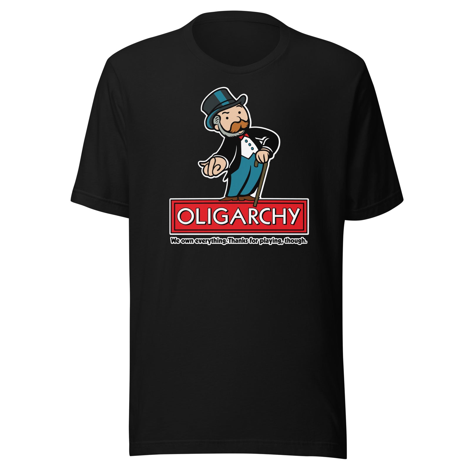 Black t-shirt with a graphic design featuring a character and the word 'OLIGARCHY' on a white background.