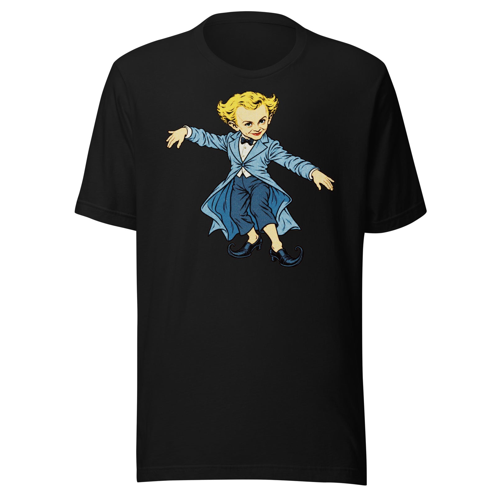 Black Rumpelstiltskin Tip Toe T-shirt with the blue-coated character printed on the chest.