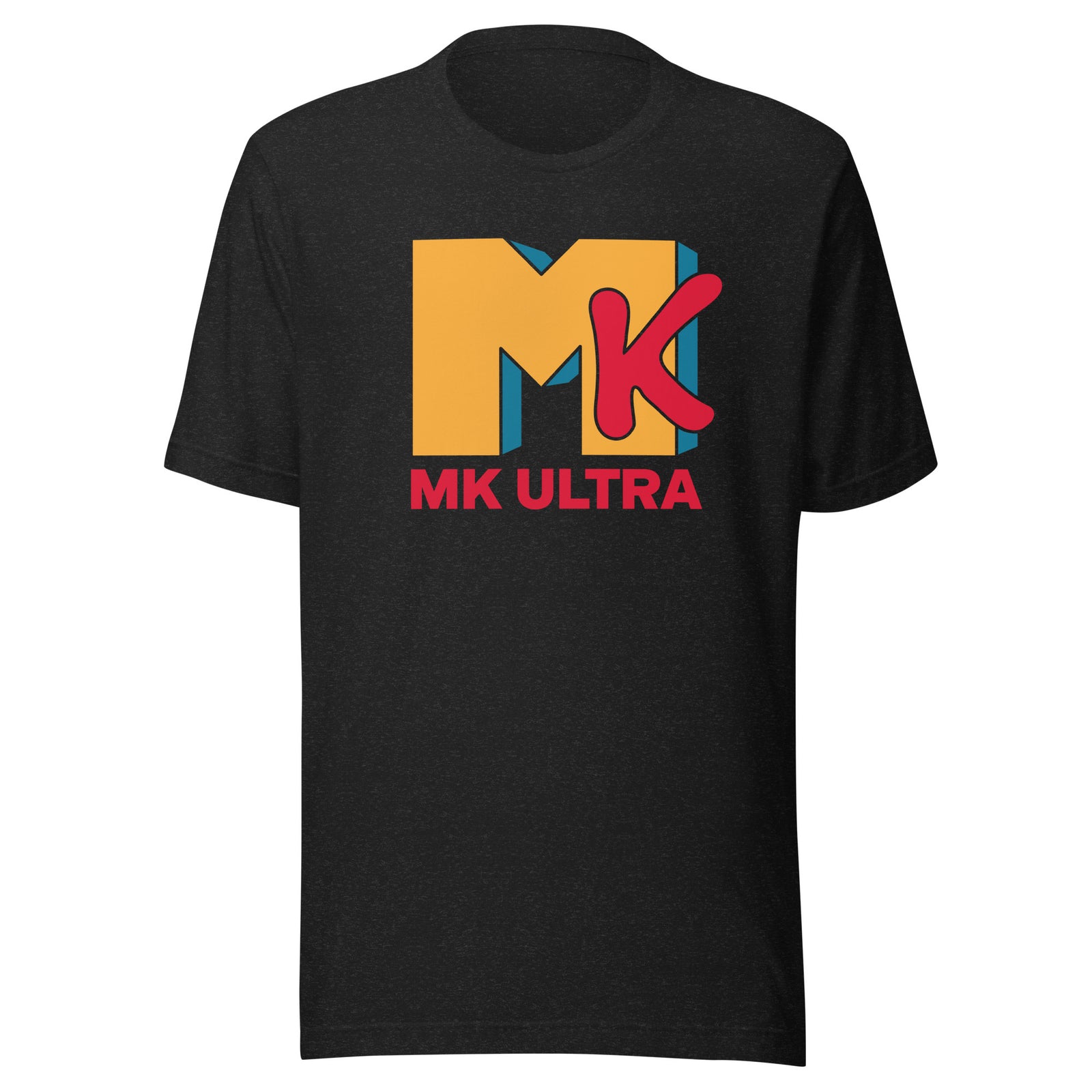 Black t-shirt with colorful 'MK Ultra' logo on a white background