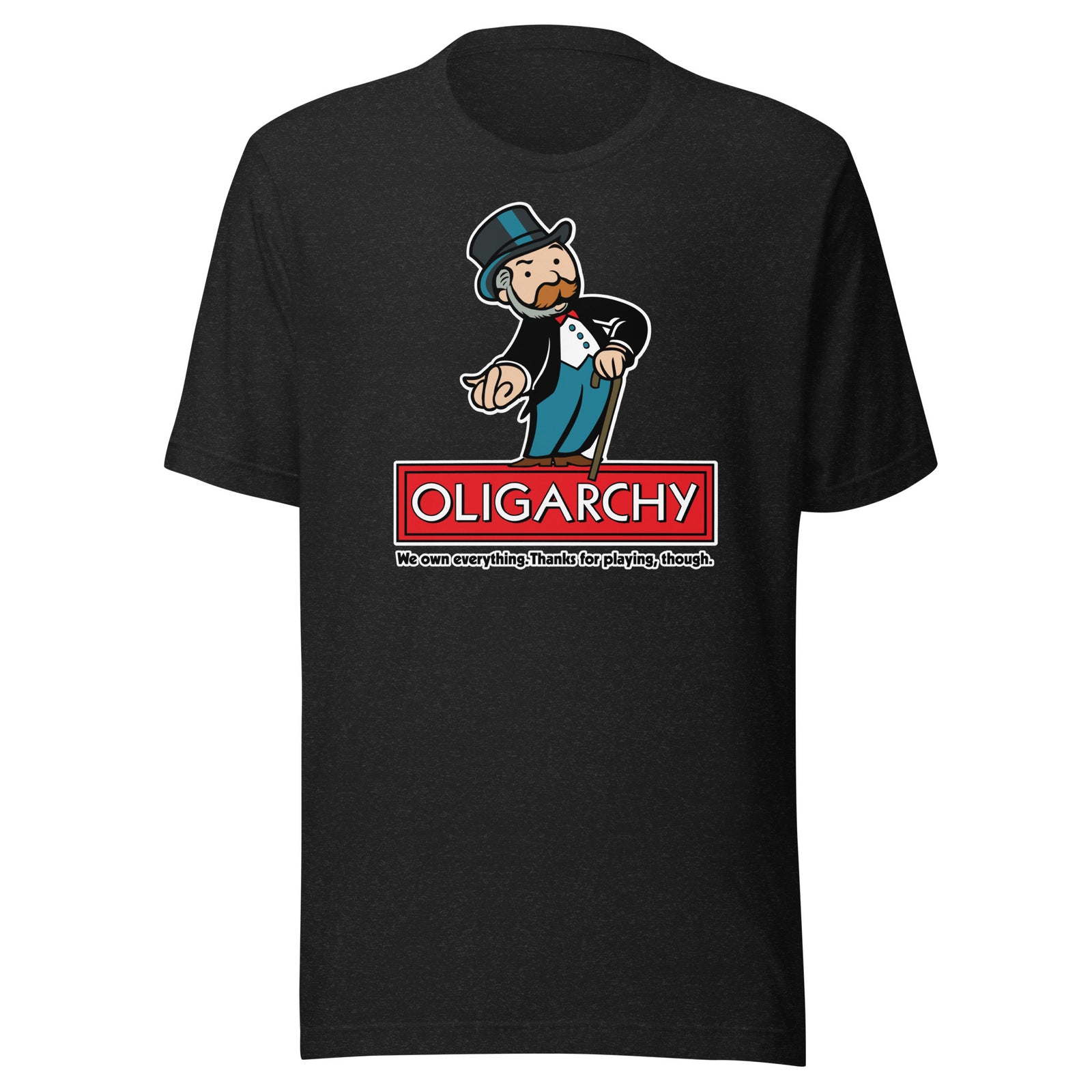 Black t-shirt with a cartoon character and 'Oligarchy' text on a white background