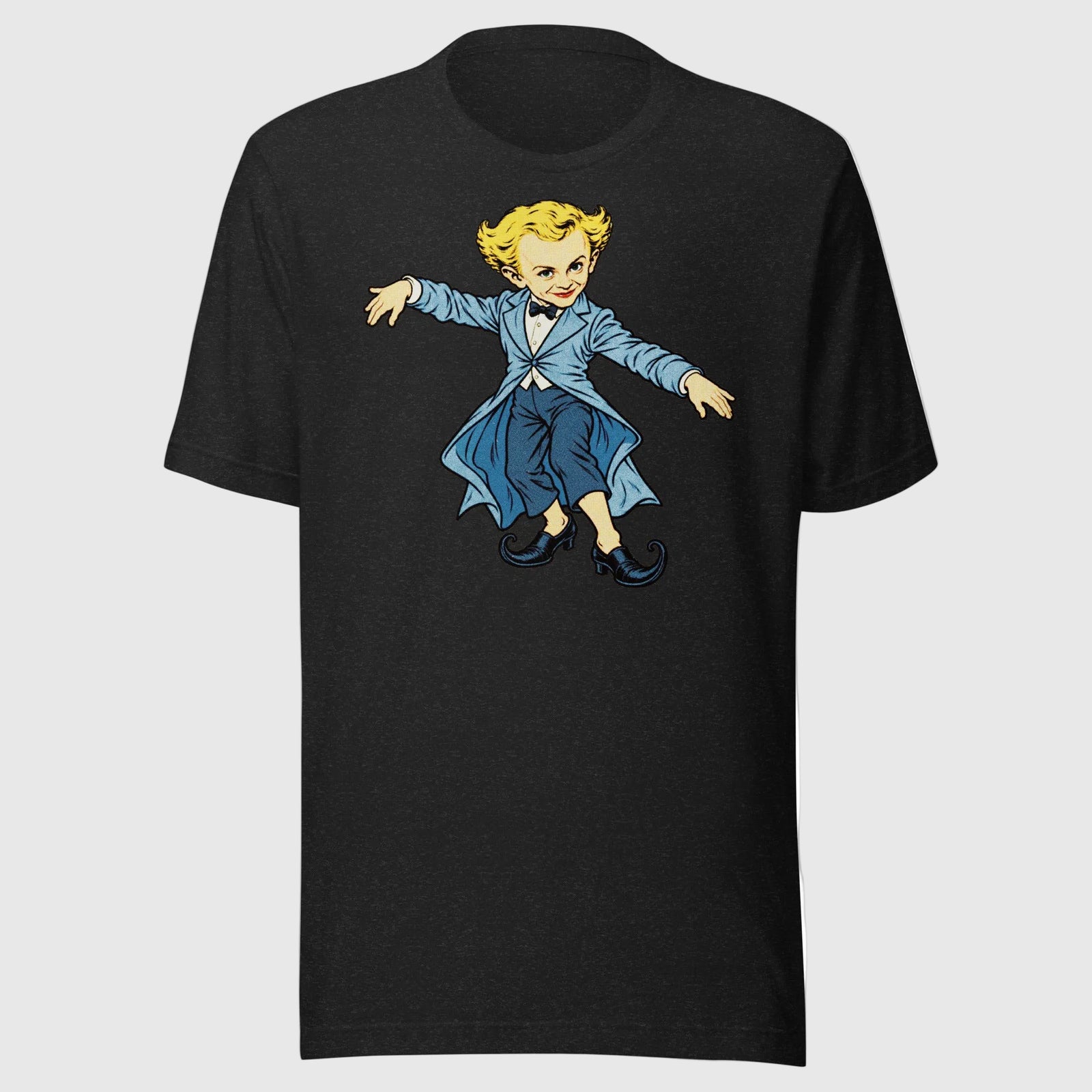 Black Heather Rumpelstiltskin Tip Toe meme T-shirt, front view with blond hair, outstretched arms and curled shoes.