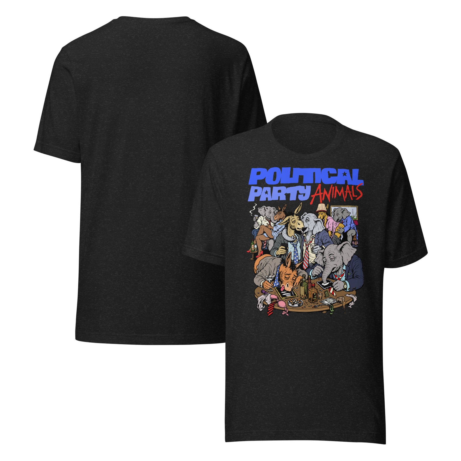 A black short-sleeve graphic T-shirt shown from both front and back on a plain white background. The front features a large multicolor cartoon animal illustration with the text 'POLITICAL PARTY ANIMALS' in blue and red.