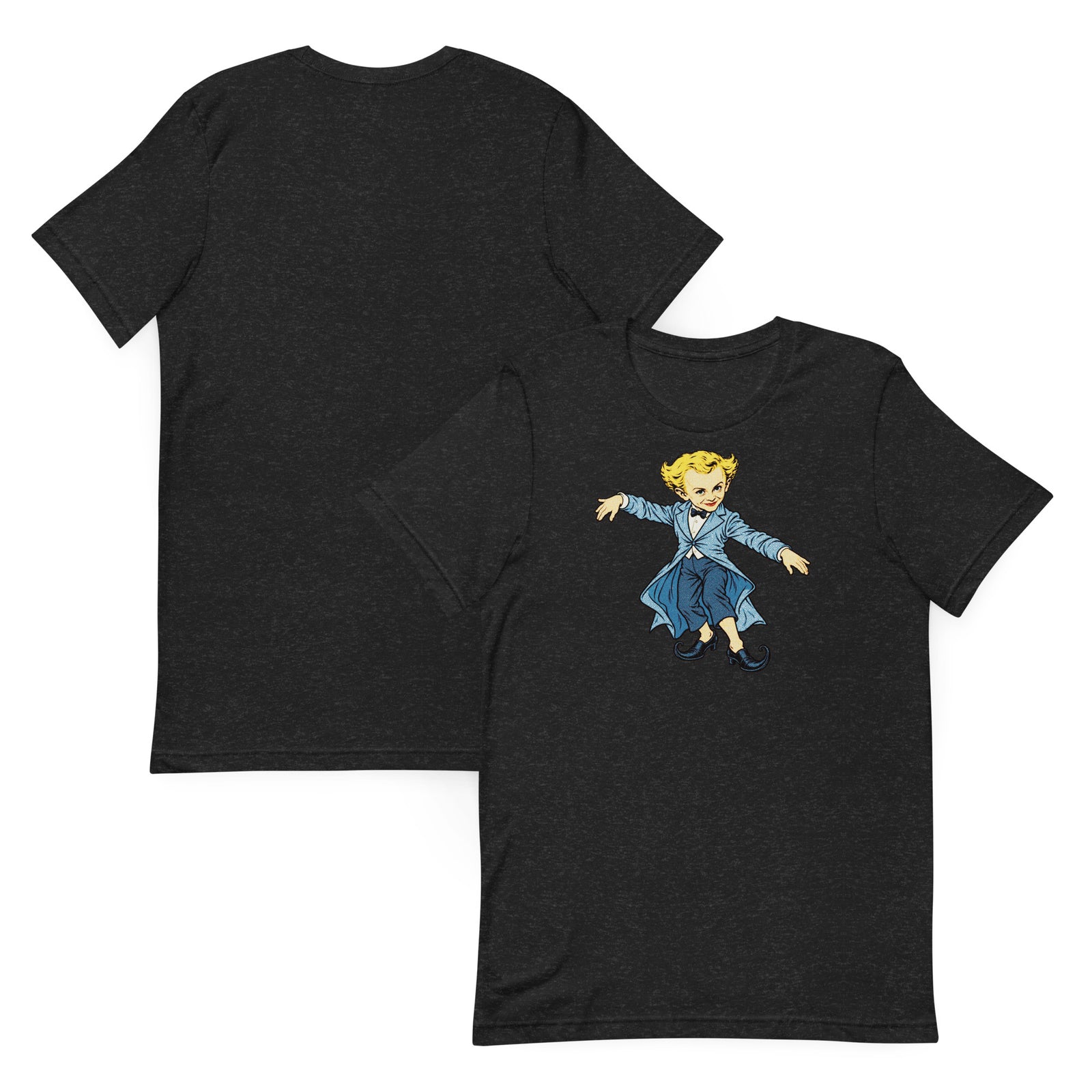 Front and plain back of the Black Heather Rumpelstiltskin Tip Toe T-shirt.