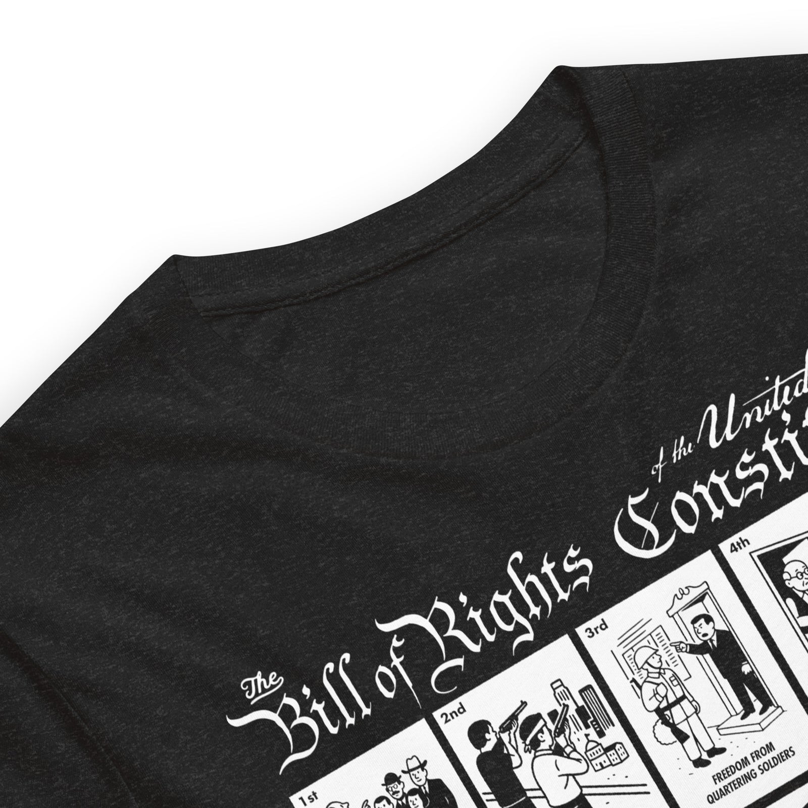 Black heather The Illustrated Bill of Rights Graphic Tee by Liberty Maniacs laying flat as a close up