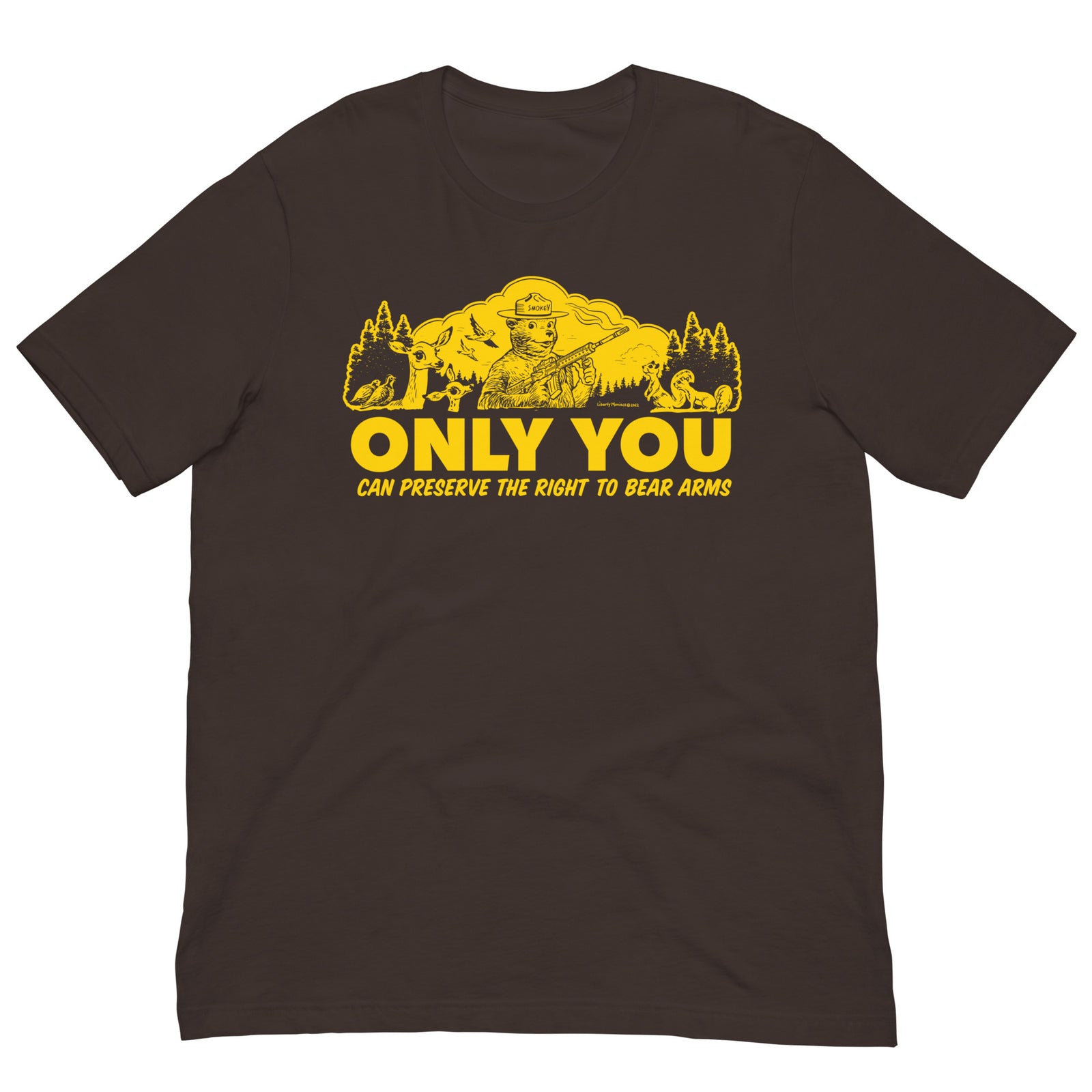 Brown Only You Can Preserve the Right to Bear Arms retro parody T-shirt, front view