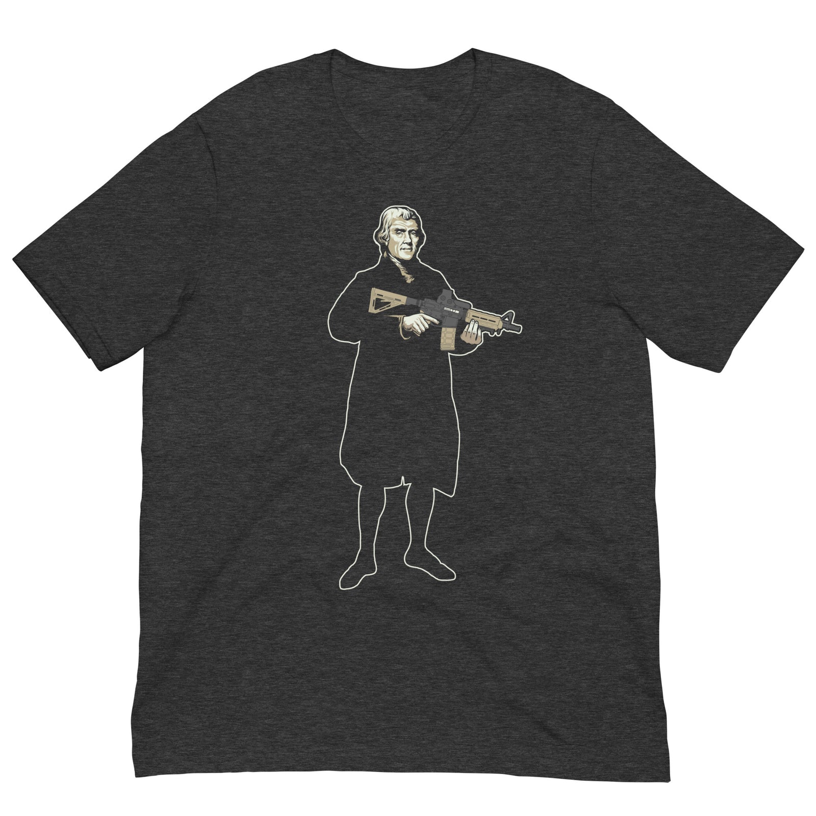 Thomas Jefferson With a Carbine T-Shirt lying flat in heather black. Features President Thomas Jefferson with an AR-15 carbine rifle drawn by Dan McCall of Liberty Maniacs