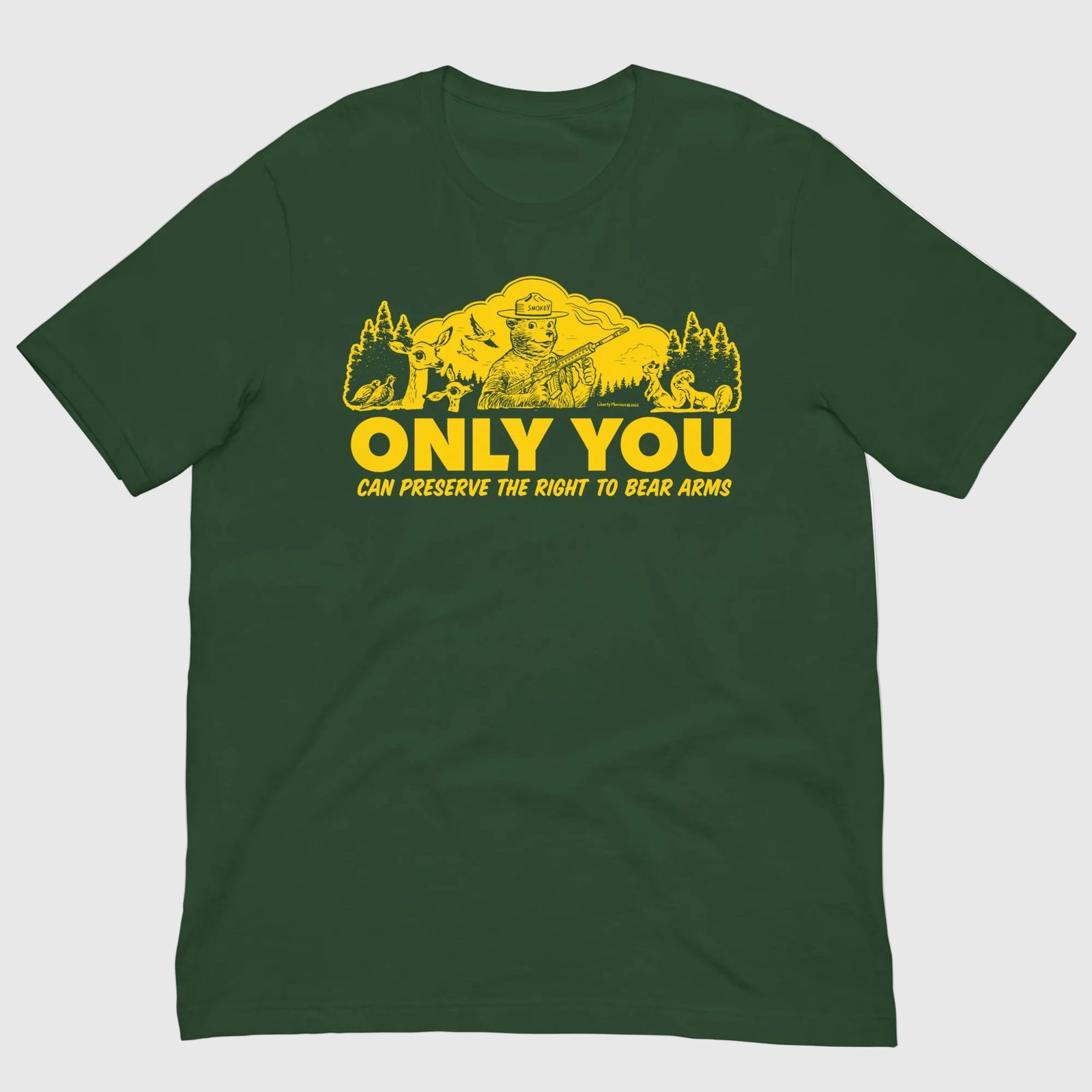 Forest green Only You Can Preserve the Right to Bear Arms retro parody T-shirt, front view