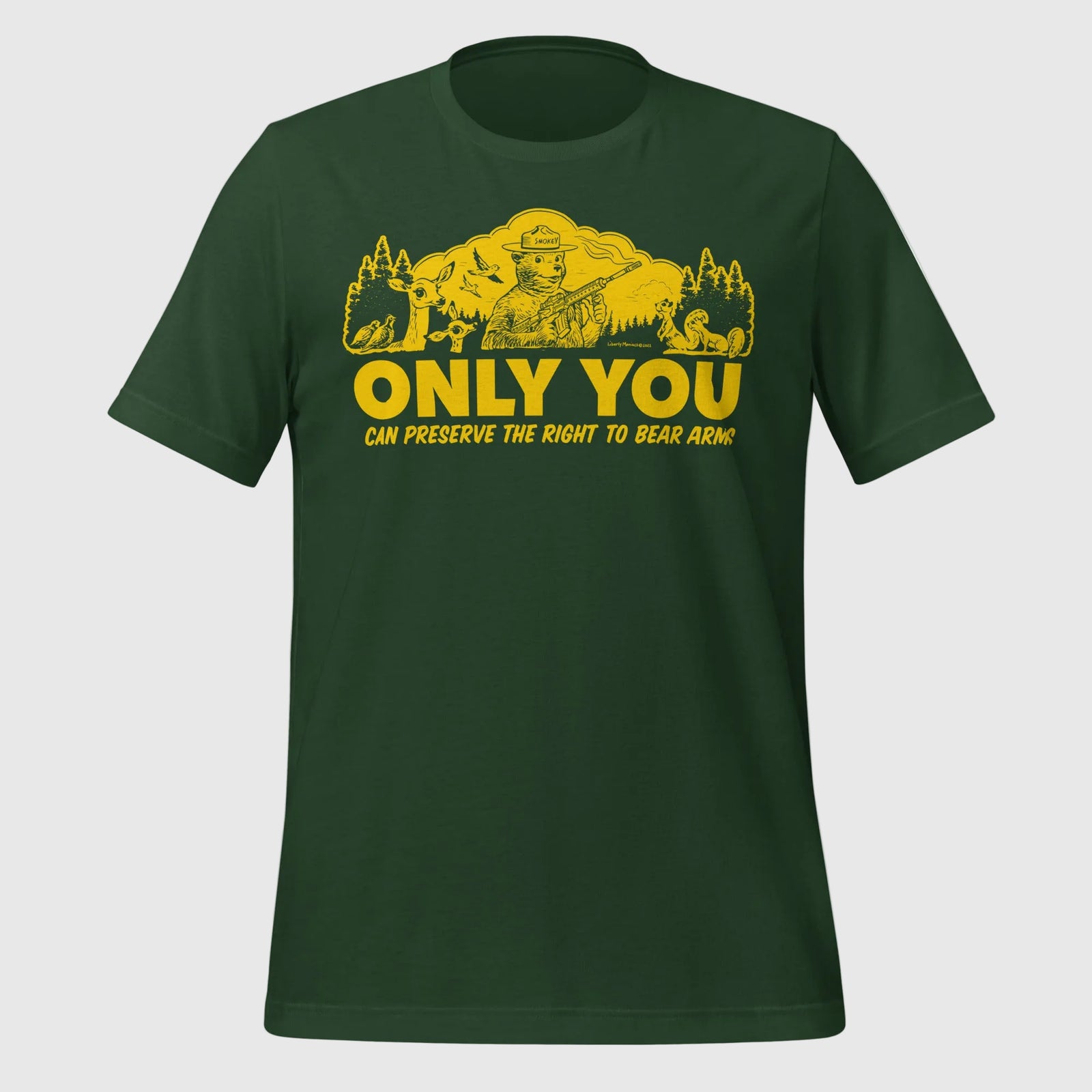 Front view of the forest green retro Smokey-style right to bear arms T-shirt
