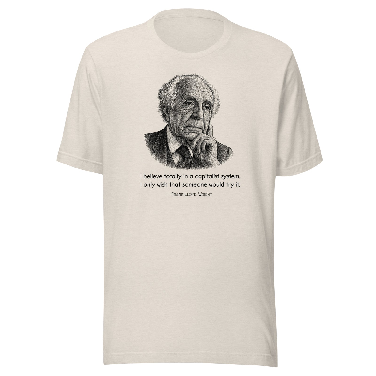 T-shirt with a pointillist illustrated portrait of Frank Lloyd Wright with a quote about capitalism on a white background