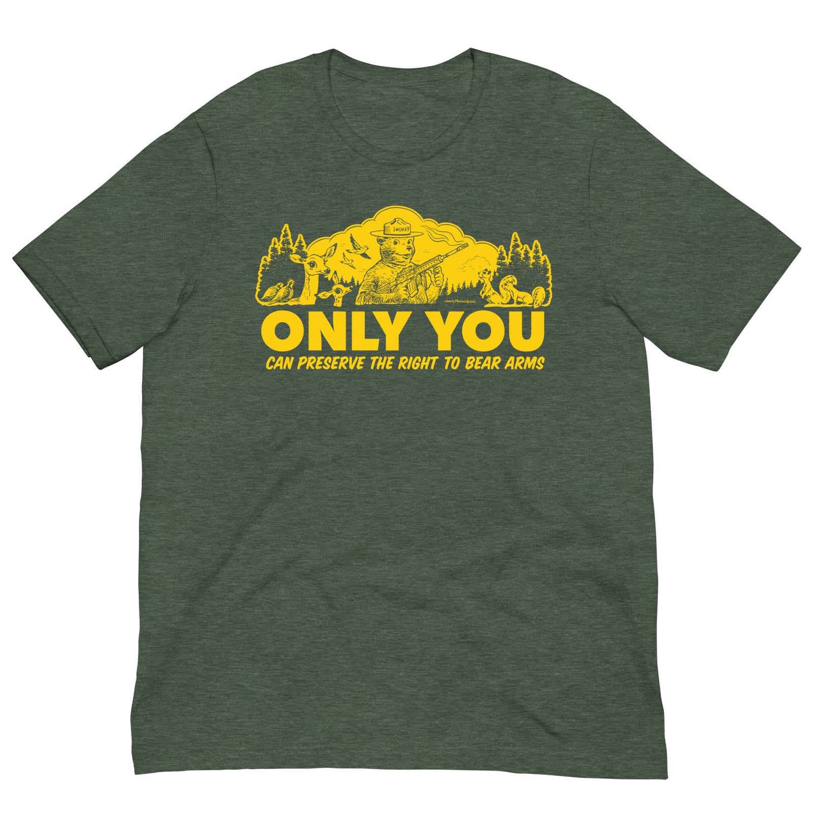 Heather forest Only You Can Preserve the Right to Bear Arms retro parody T-shirt, front view