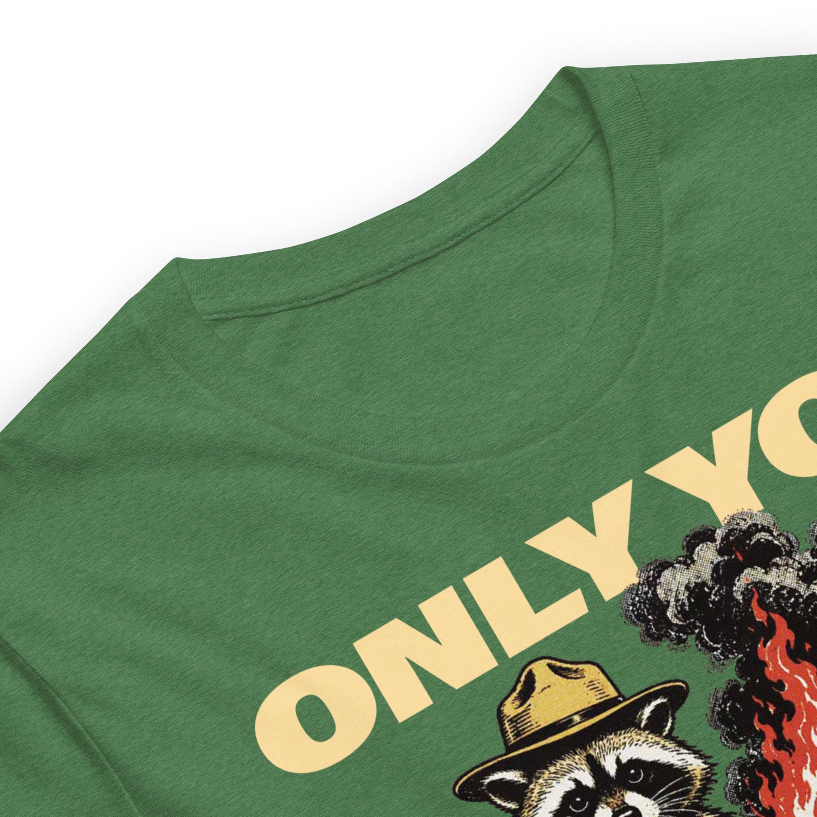 Only You Can Prevent Dumpster Fires Randy the Racoon T-Shirt close up showing the collar