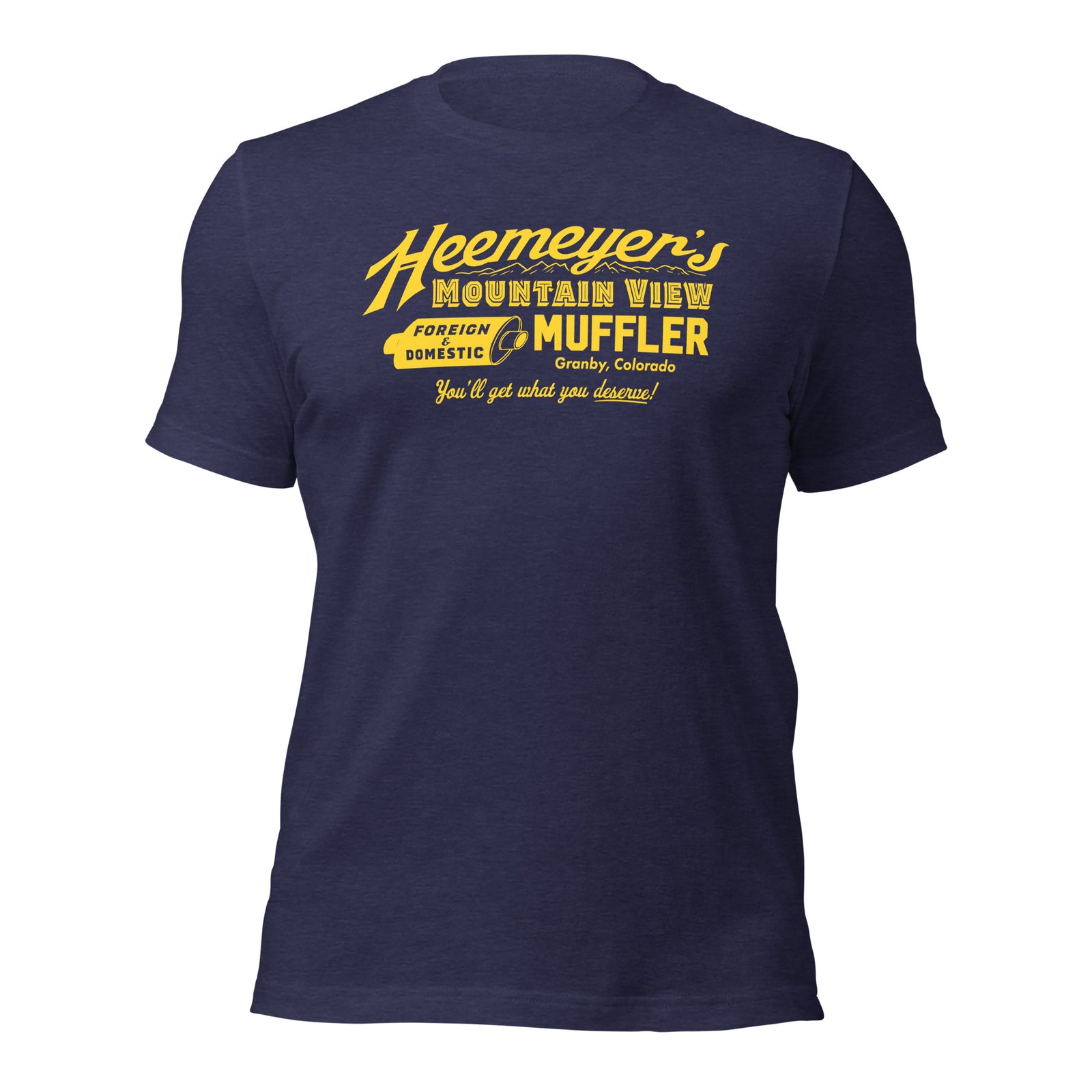 Blue T-shirt with 'Heemeyer's Mountain View Muffler' text in yellow.