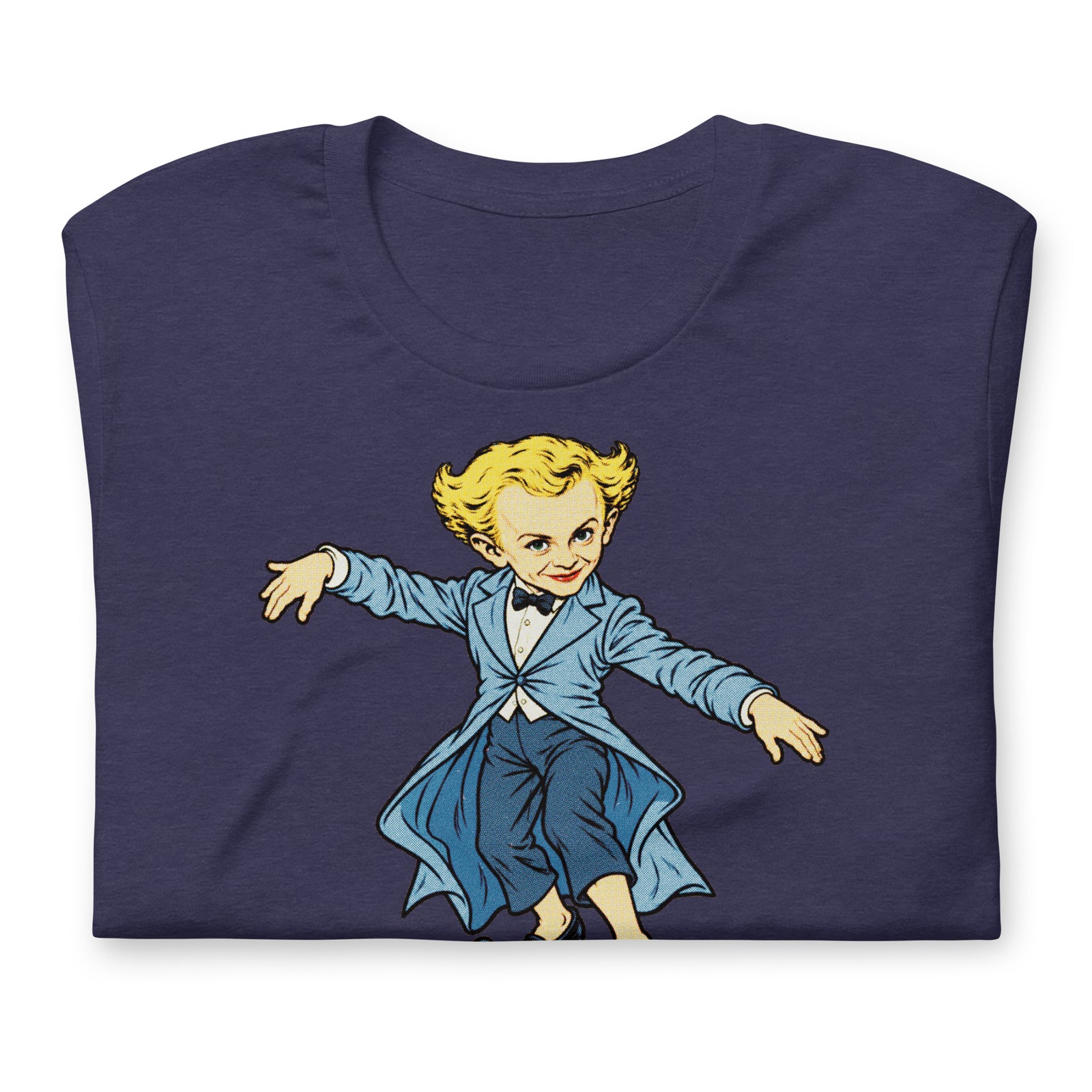 Folded Heather Midnight Navy Rumpelstiltskin T-shirt showing the crewneck and tiptoe character print.