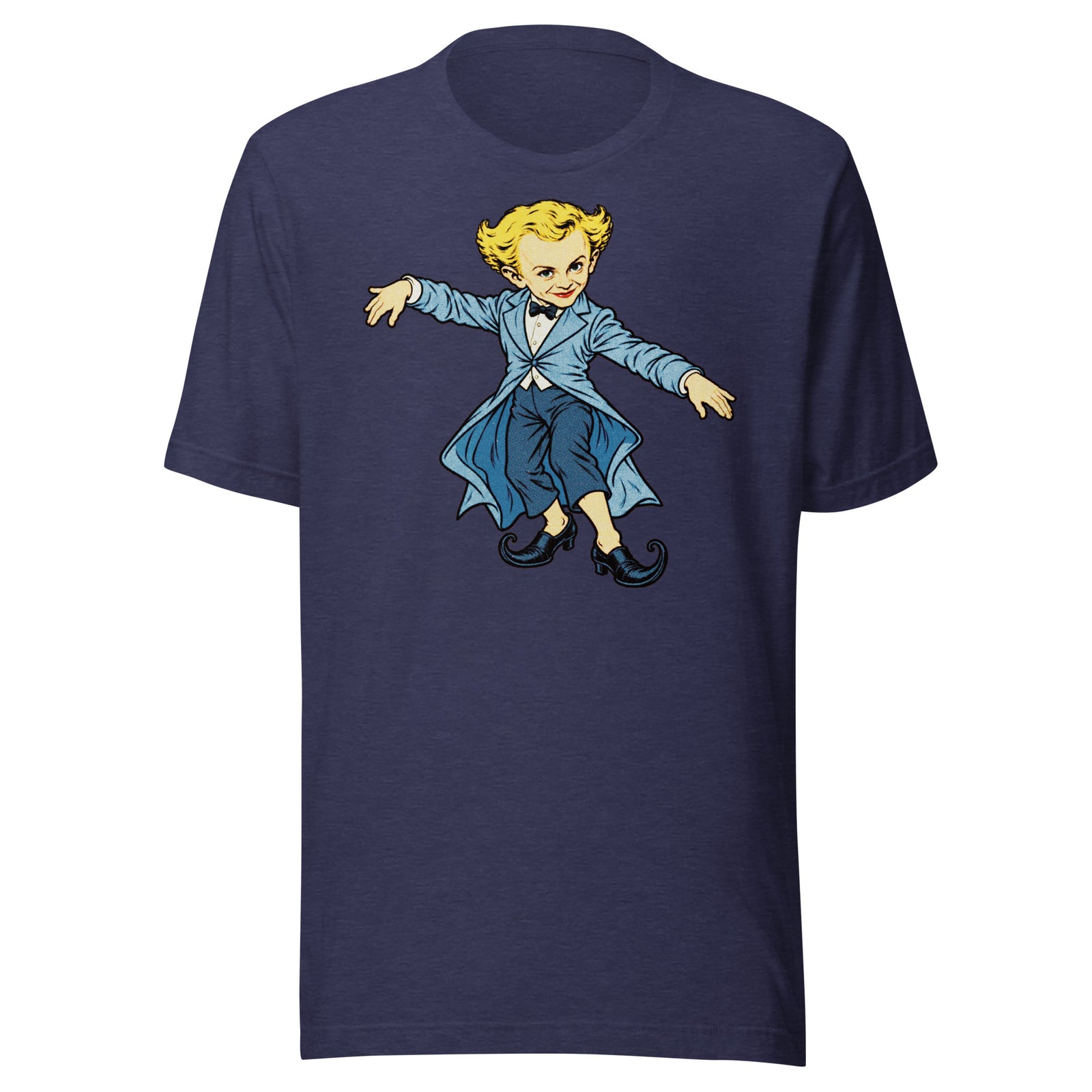 Heather Midnight Navy Rumpelstiltskin Tip Toe T-shirt, front view with retro halftone character artwork.