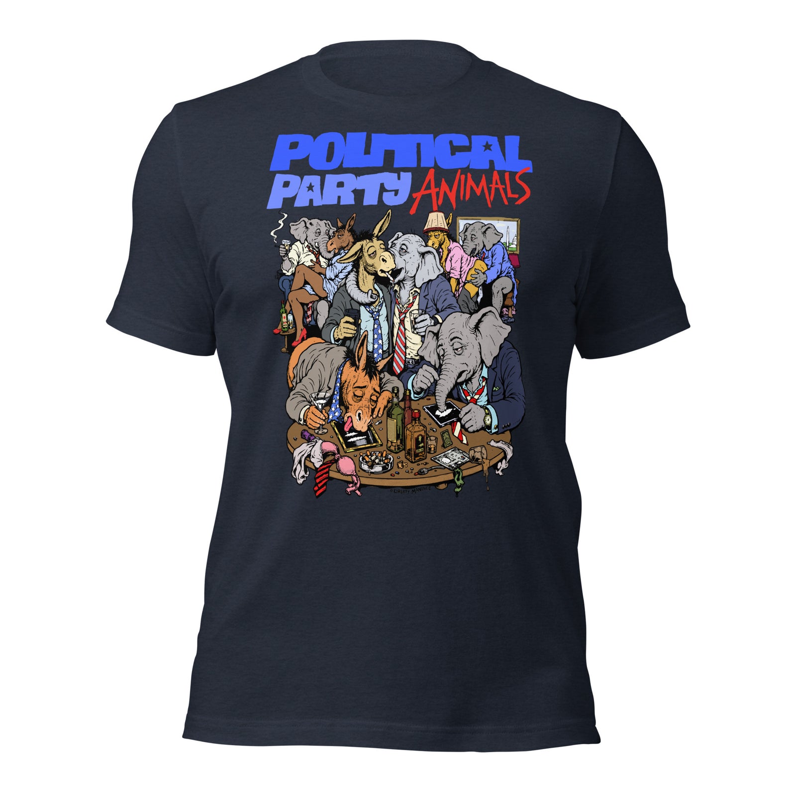 A dark navy blue t-shirt with a large graphic print on the front. The graphic features the text 'POLITICAL PARTY ANIMALS' in blue and red, above a detailed cartoon illustration of various animals dressed in suits at a party.