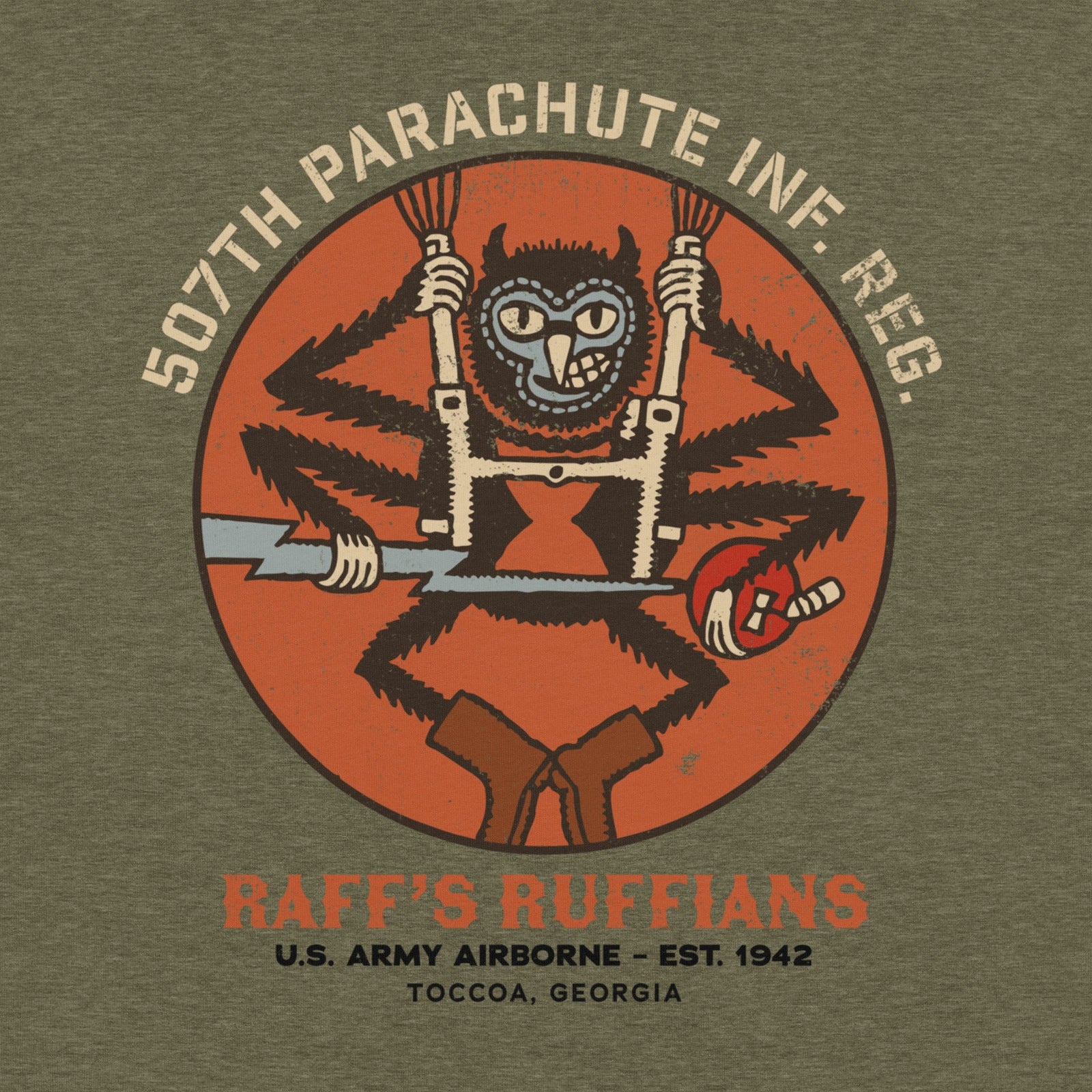 T-shirt with a graphic of a bear holding a rifle and text about the 507th Parachute Infantry Regiment on a green background.