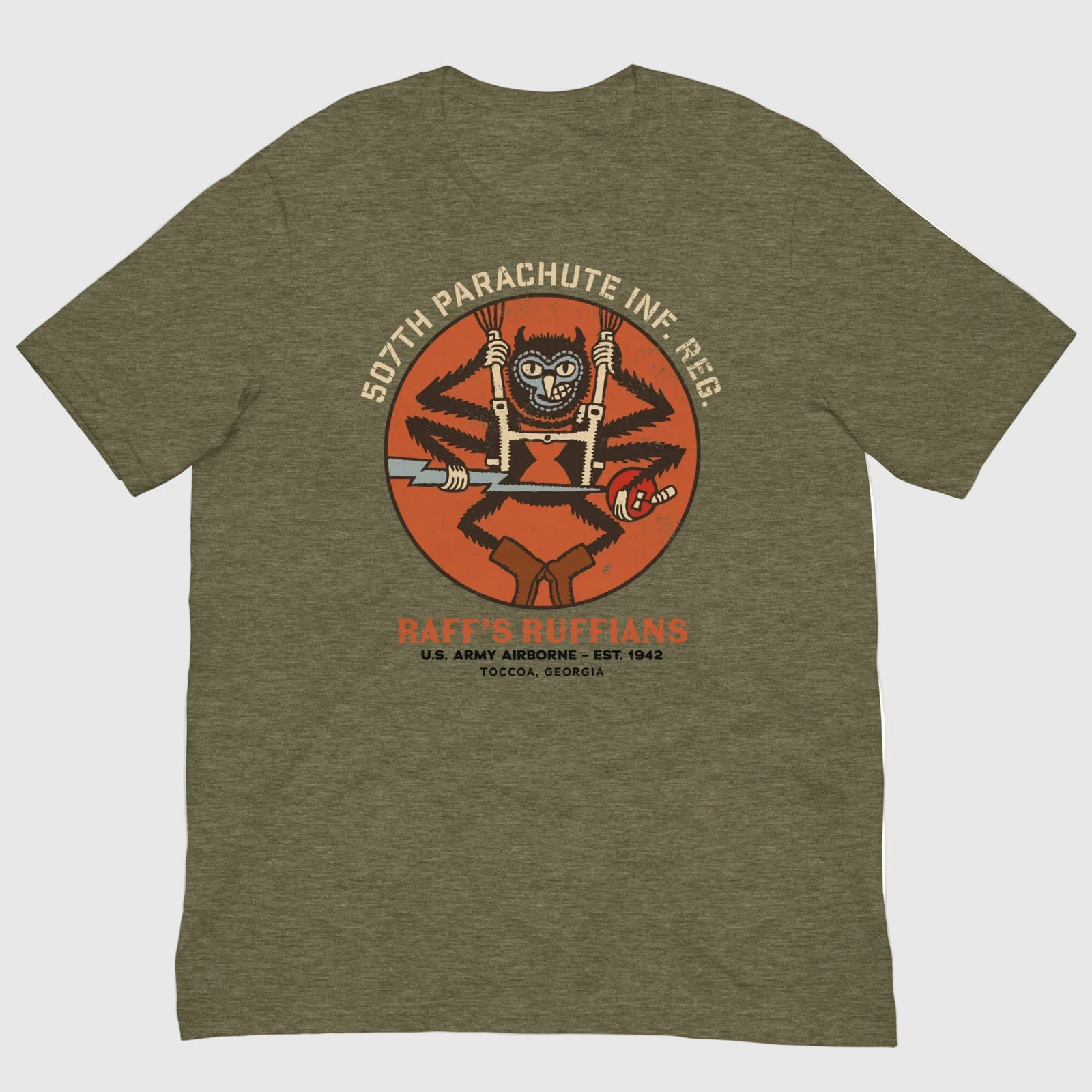Olive green t-shirt with 507th parachute Infantry Regiment from WW2. Raff's Ruffians US Army Airborne