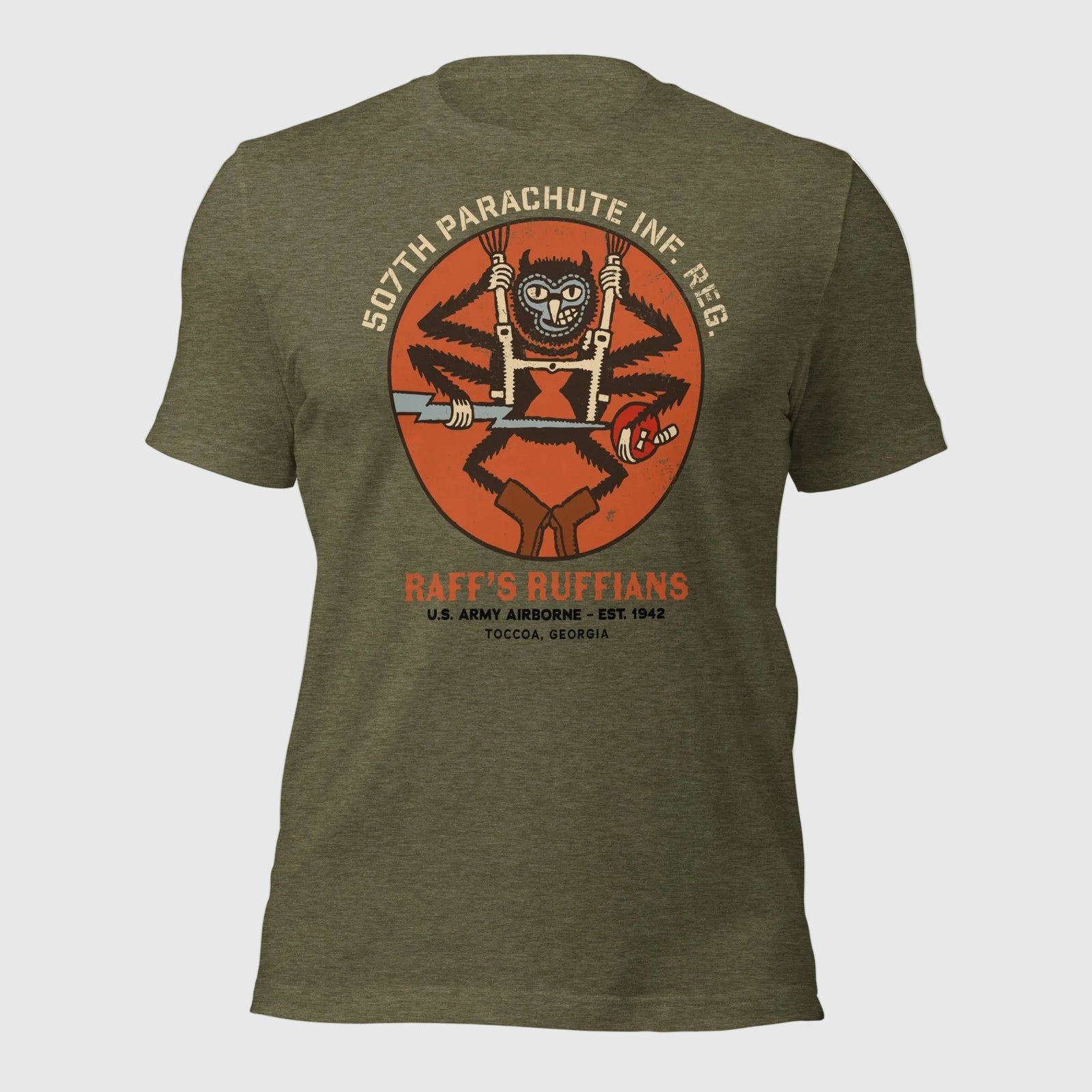 Olive green t-shirt with 507th parachute Infantry Regiment from WW2. Raff's Ruffians US Army Airborne
