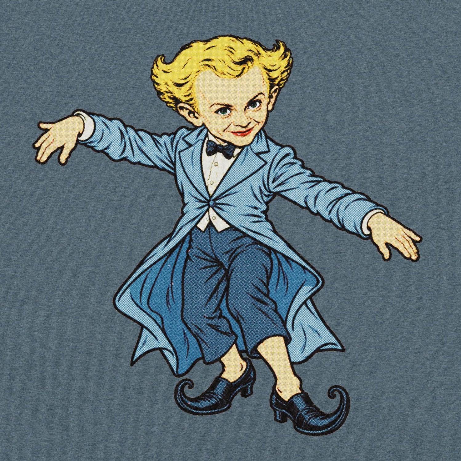 Close-up of the full Rumpelstiltskin print on Heather Slate fabric, showing halftone dots, blue tailcoat and curled shoes.