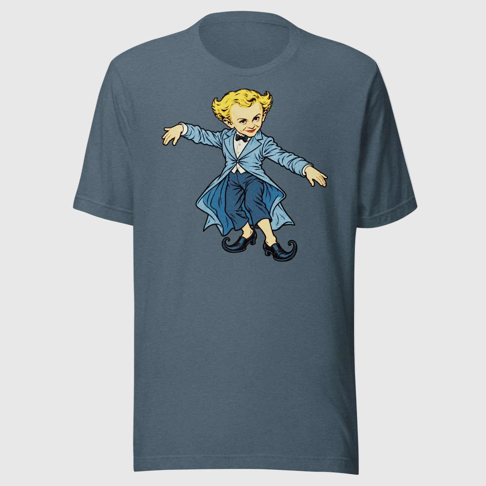 Heather Slate Rumpelstiltskin Tip Toe T-shirt, front view with the retro dancing character illustration.