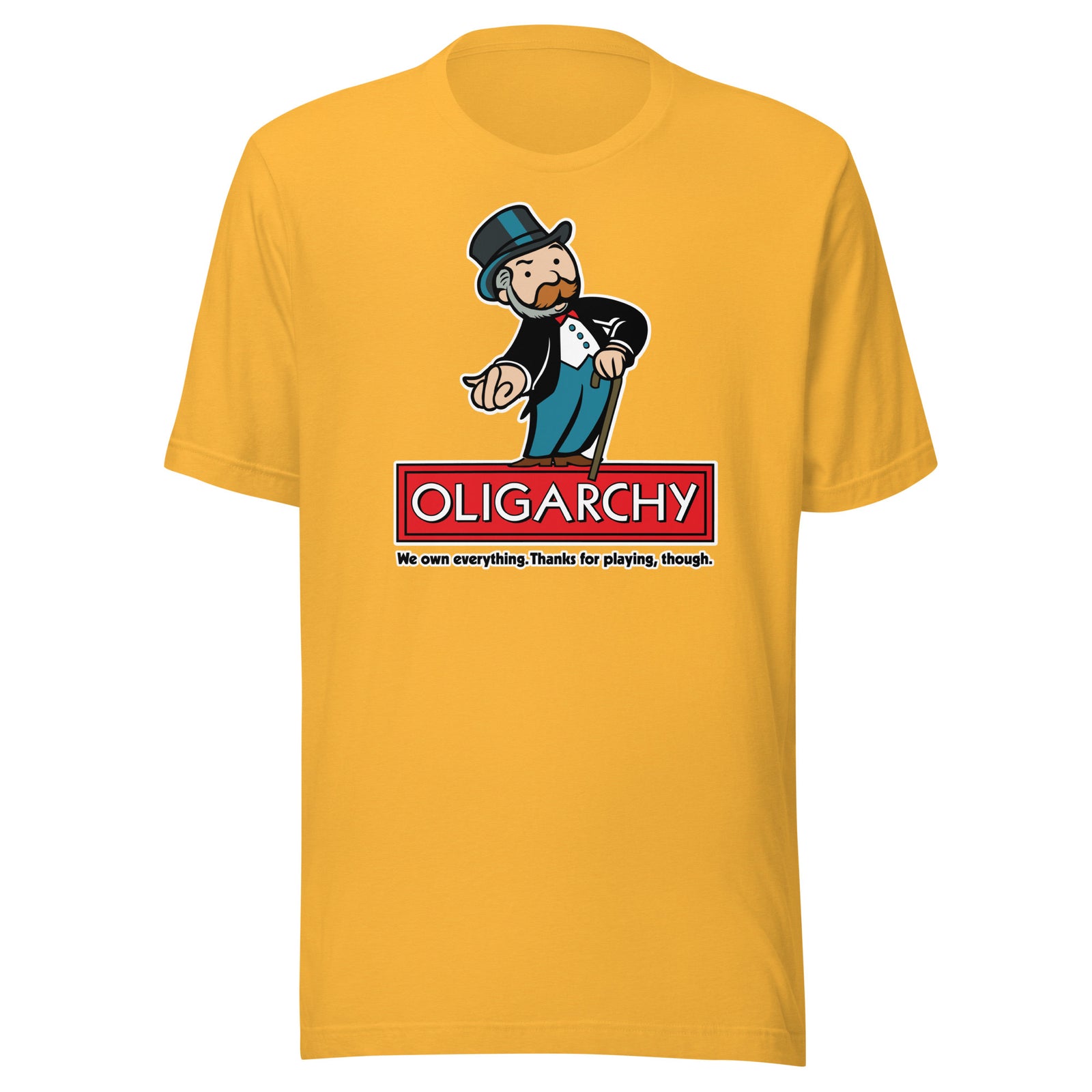 Yellow t-shirt with a graphic design featuring a character and the word 'Oligarchy' on a white background.
