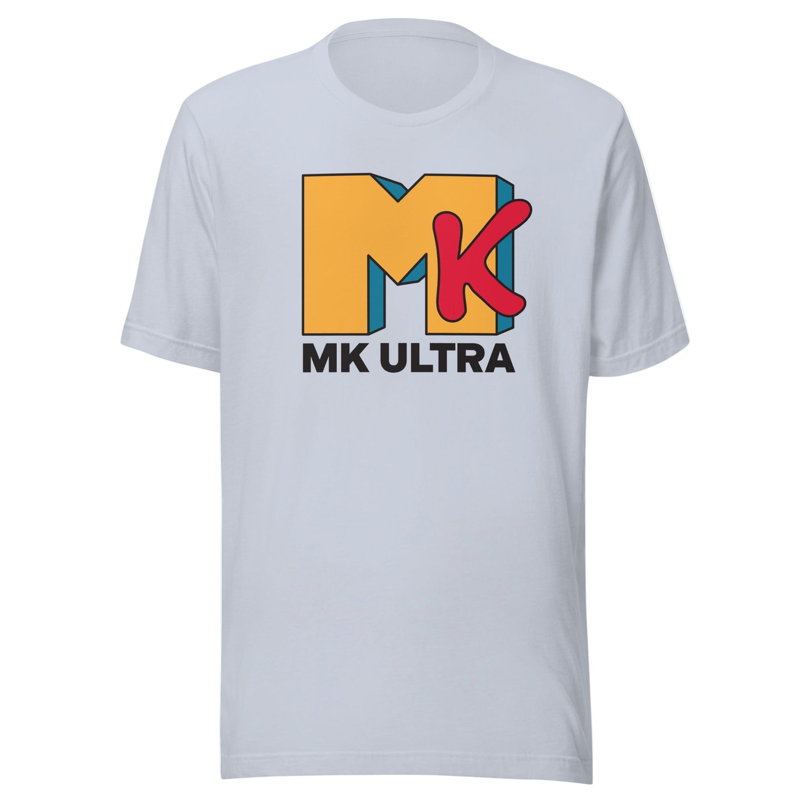 White t-shirt with colorful 'MK Ultra' logo on a white background