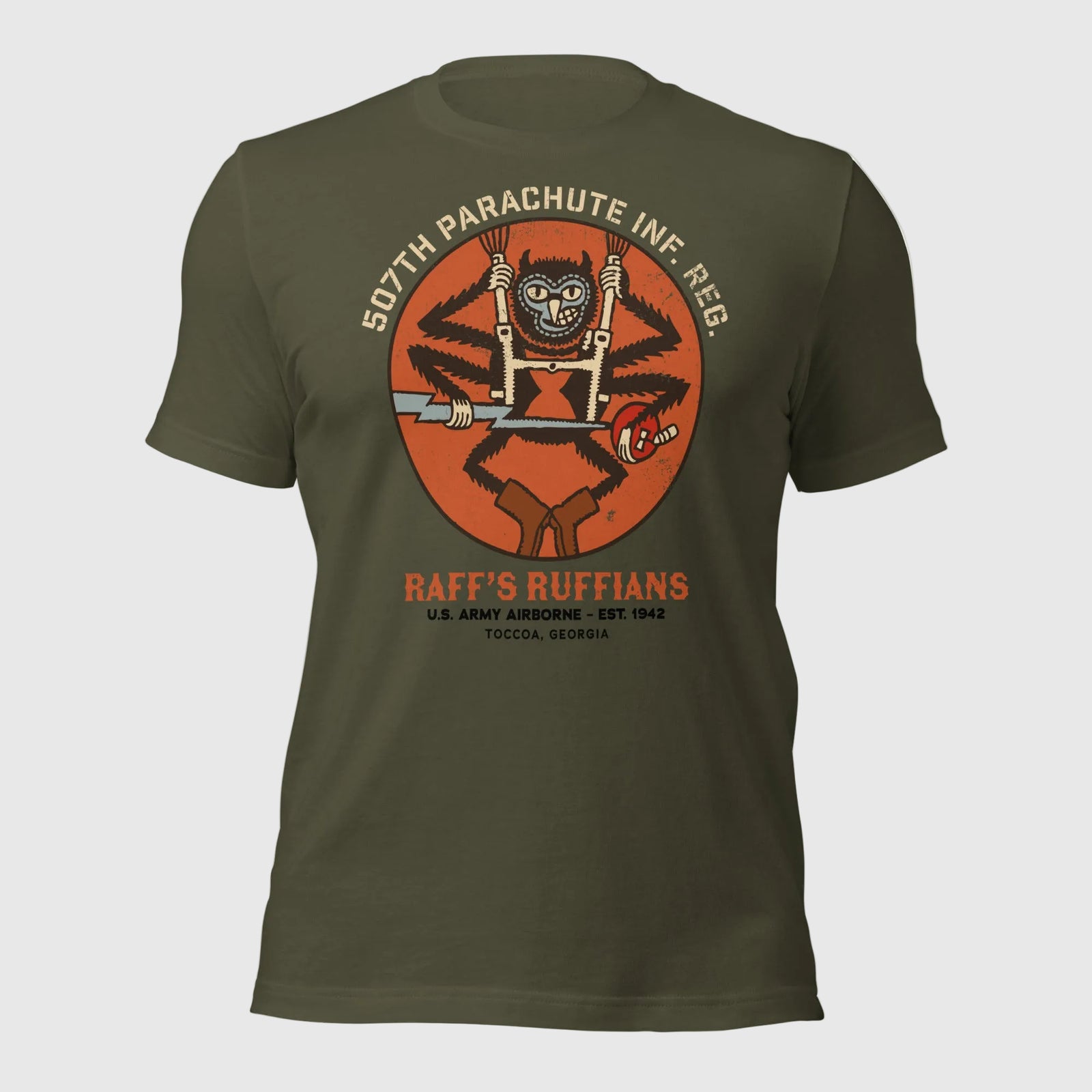 Olive green t-shirt with 507th parachute Infantry Regiment from WW2. Raff's Ruffians US Army Airborne