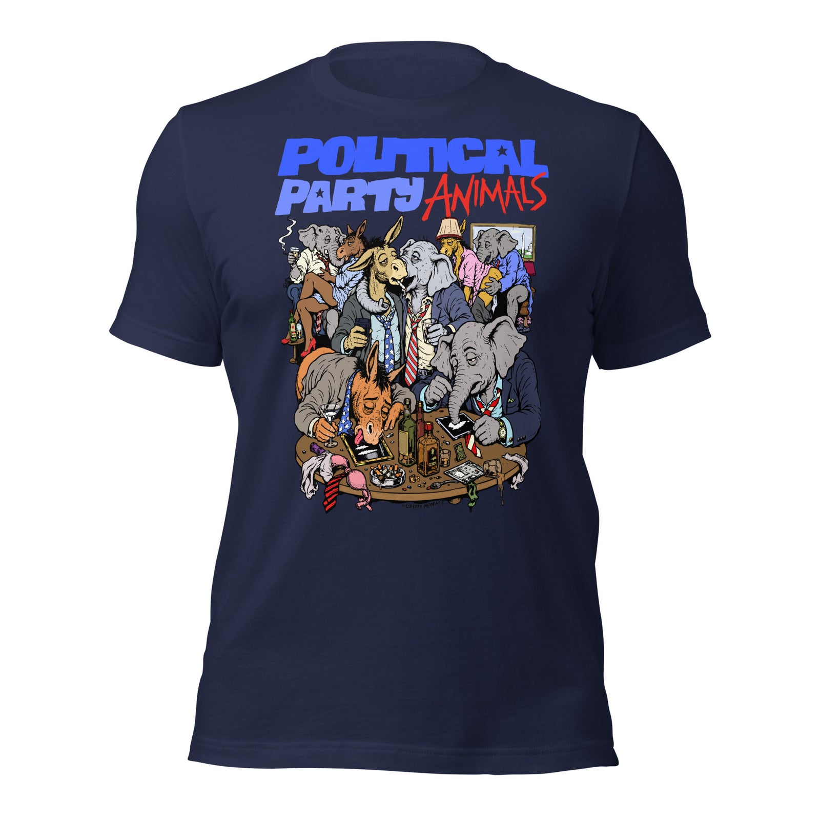 A dark navy blue t-shirt with a large graphic print on the front. The graphic features the text 'POLITICAL PARTY ANIMALS' in blue and red, above a detailed cartoon illustration of various animals dressed in suits at a party.