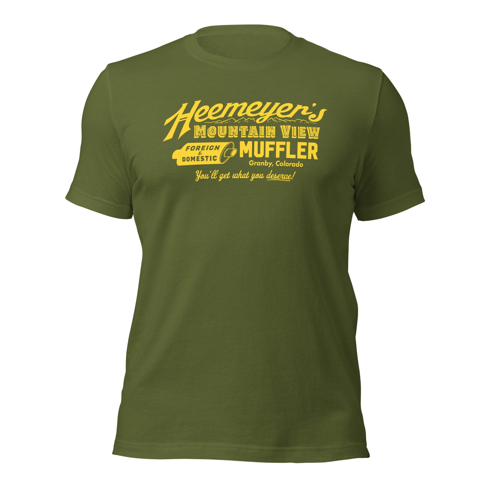 Olive Green T-shirt with 'Heemeyer's Mountain View Muffler' text in yellow.
