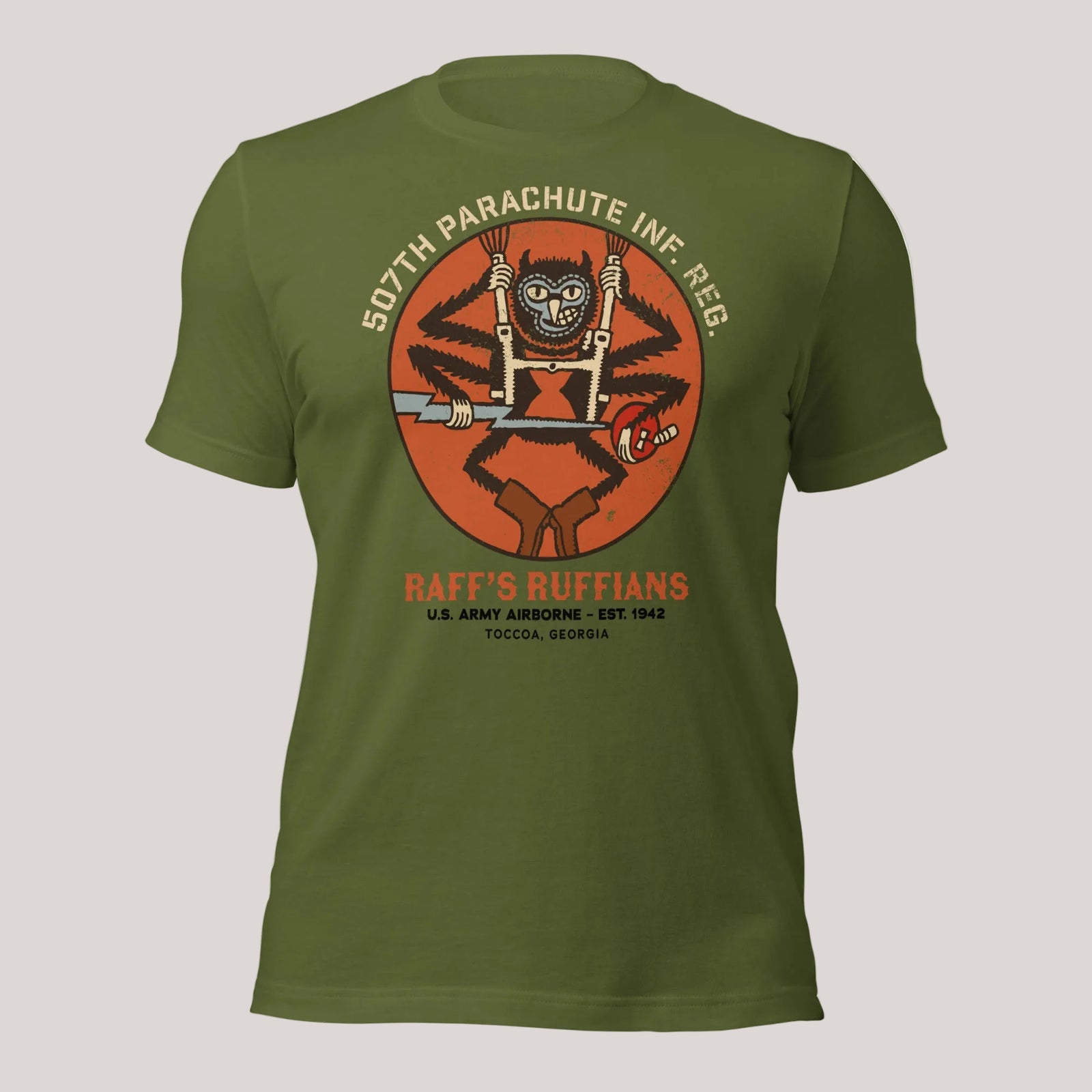 Olive green t-shirt with 507th parachute Infantry Regiment from WW2. Raff's Ruffians US Army Airborne