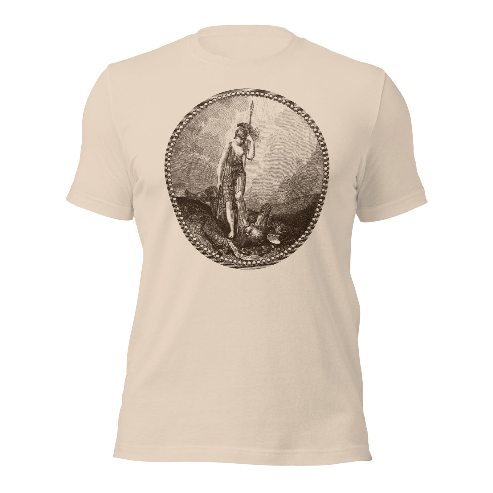 Sic Semper Tyrannis Virtus and Tyranny graphic T-shirt in soft cream