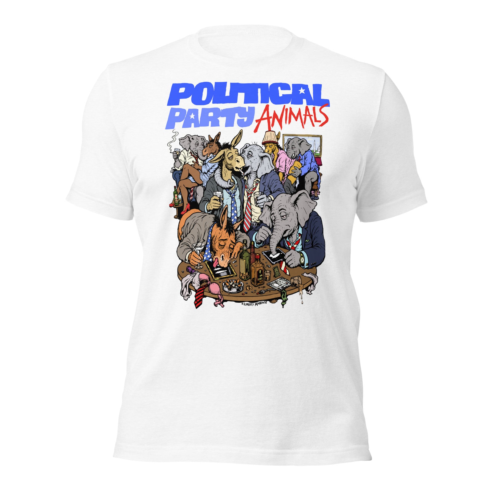 A white short-sleeve crewneck t-shirt featuring a colorful graphic print on the front. The graphic displays the text 'POLITICAL PARTY ANIMALS' in blue and red lettering above a detailed cartoon illustration of various animals dressed in political attire, including an elephant, donkey, fox, and rabbit, gathered around a table.