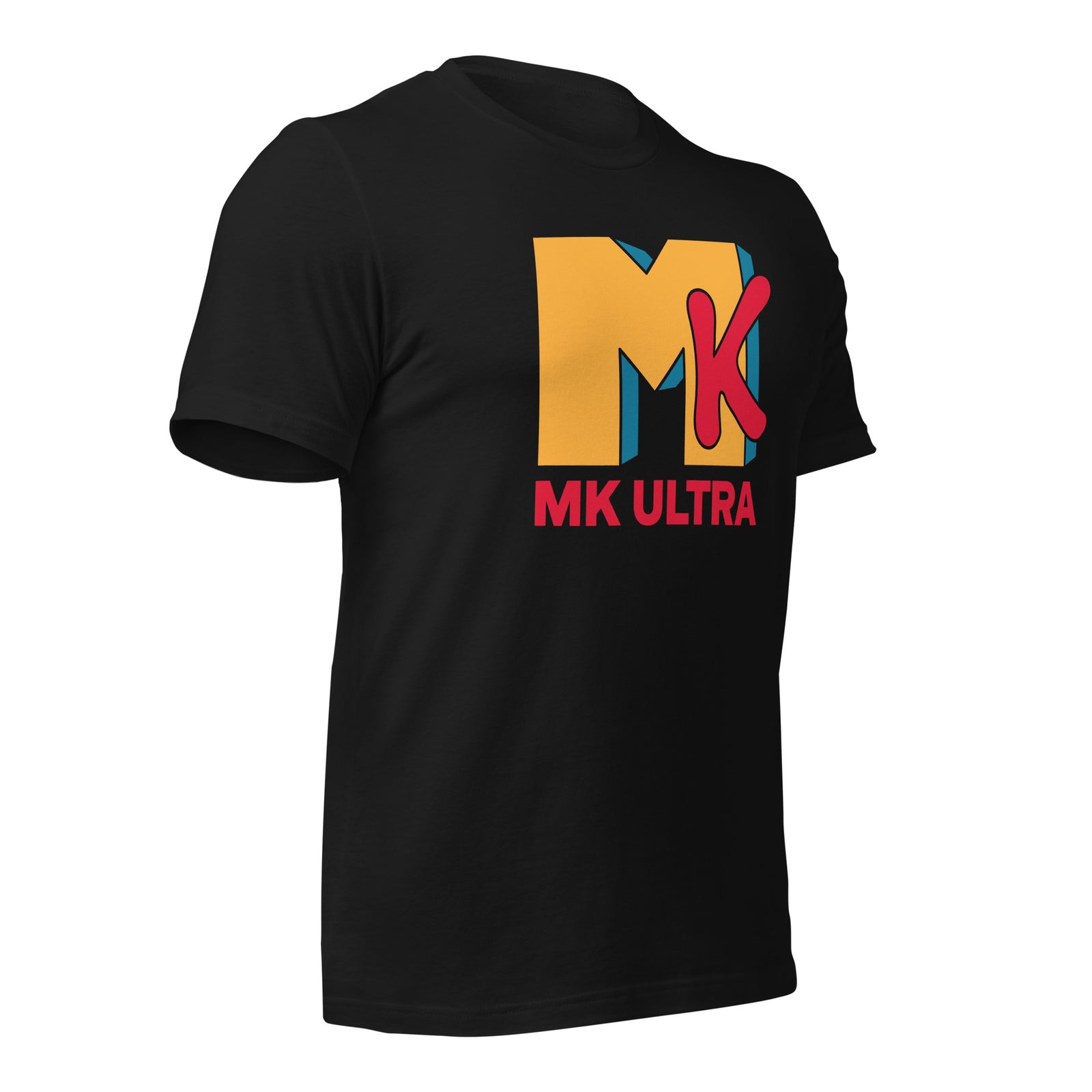 Black t-shirt with colorful 'MK Ultra' logo on a white background