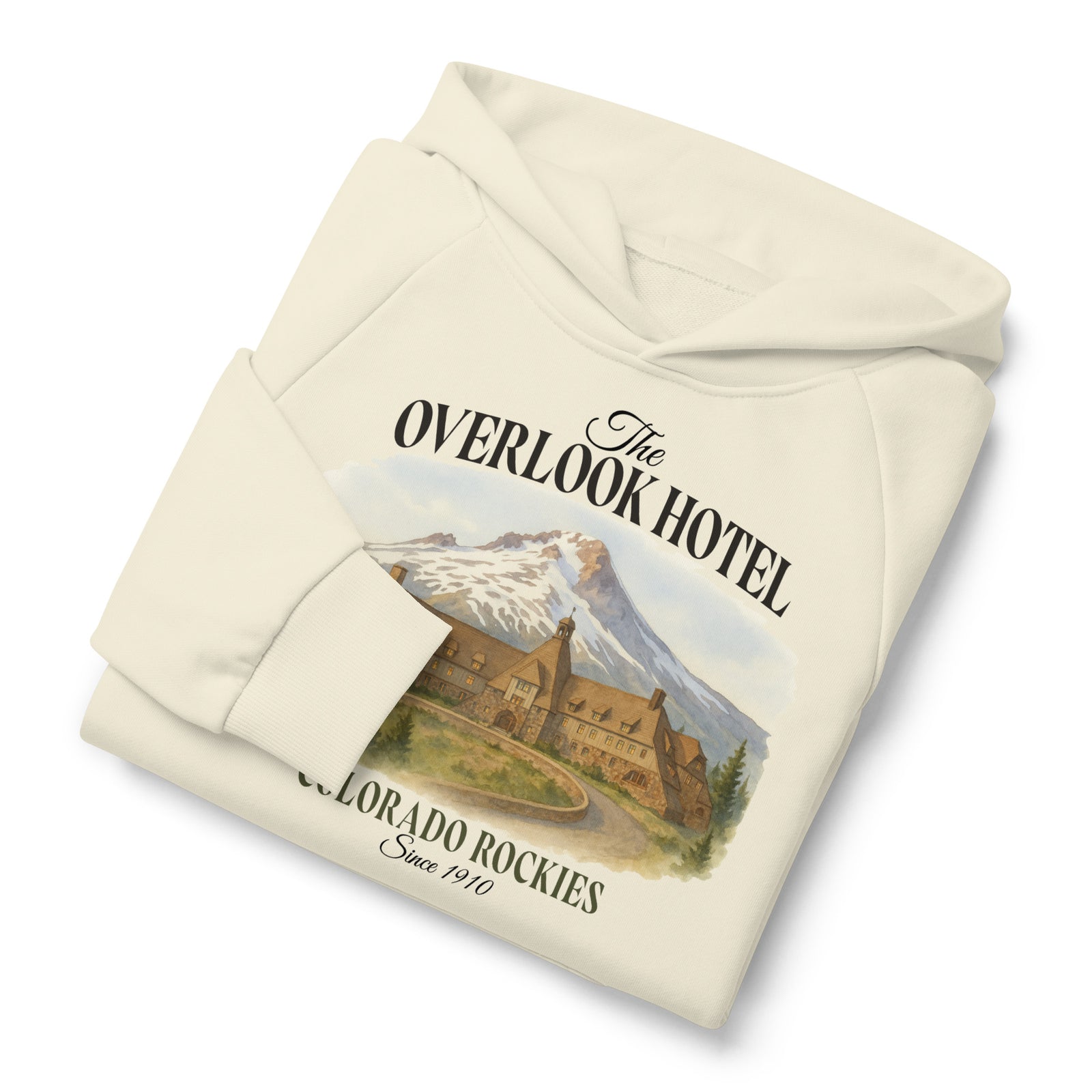 Overlook Hotel 560 gsm cream heavyweight hoodie, front graphic