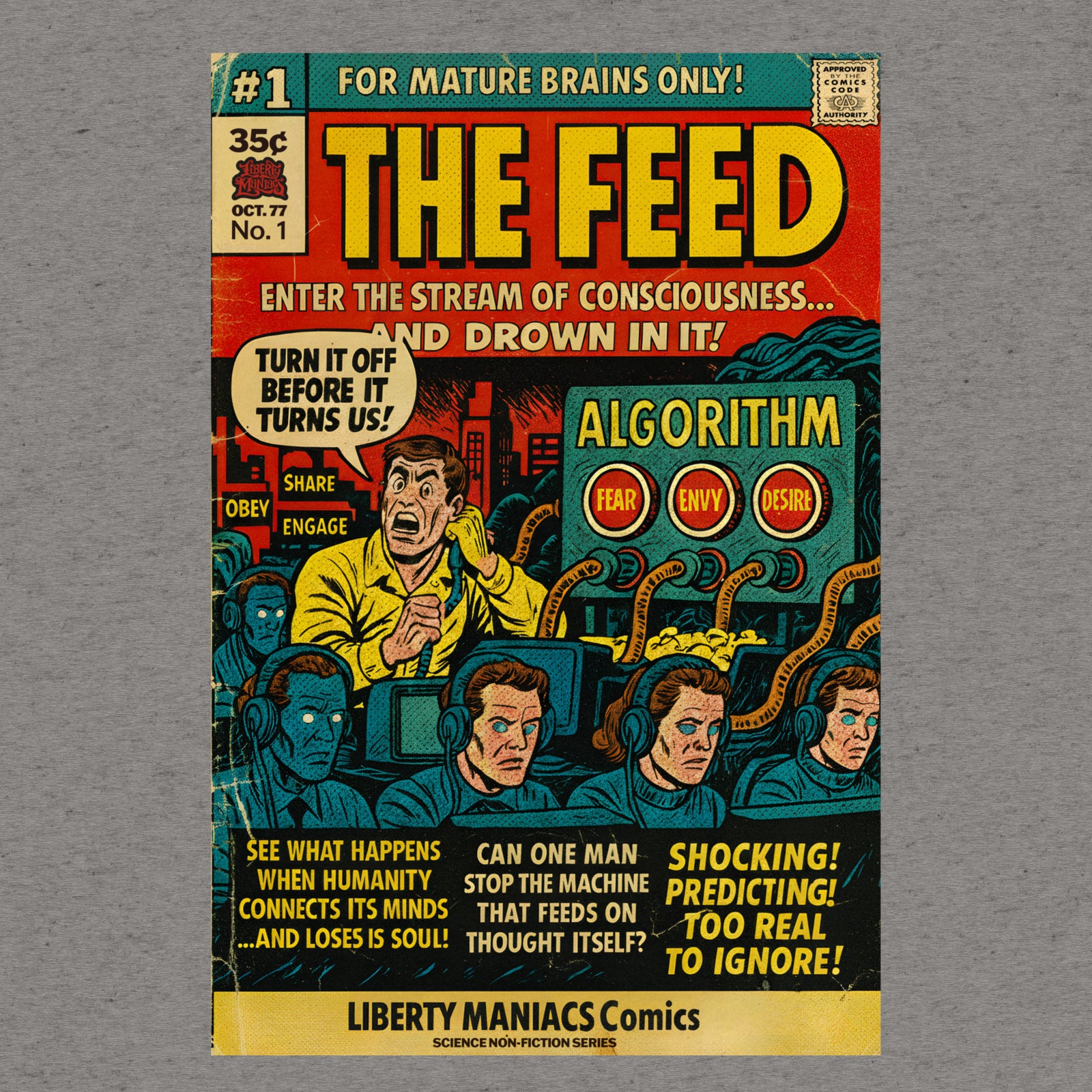 Comic book-style poster for 'The Feed' with text and graphics on a gray background