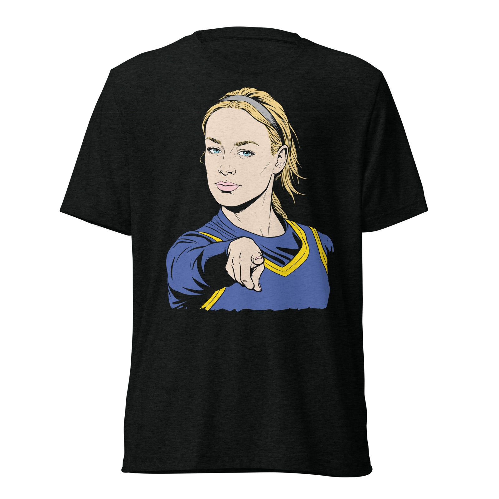 A black short-sleeve t-shirt featuring a graphic print of a blonde woman pointing forward, wearing a blue top with yellow trim, shown against a plain white background.