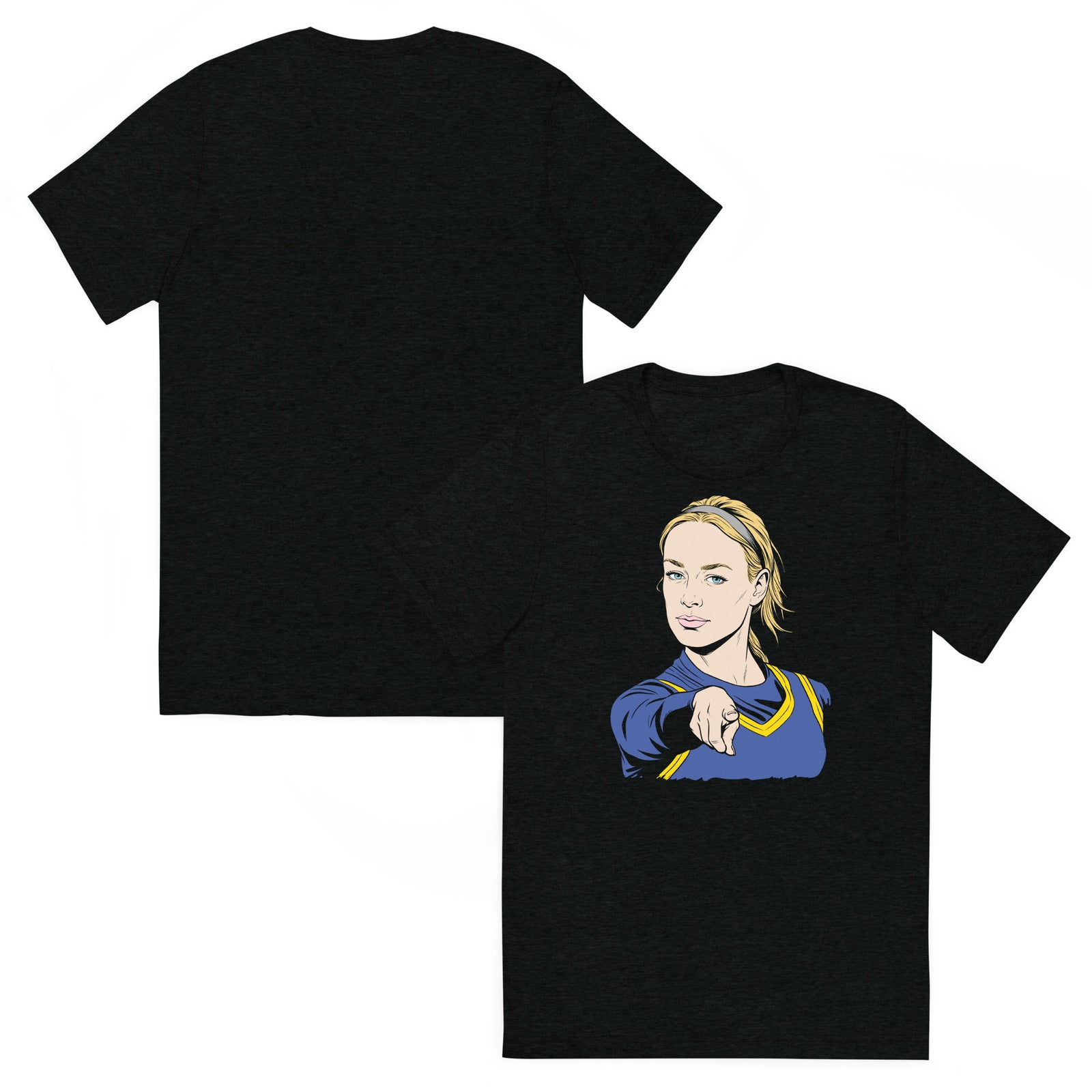 Two views of a black short-sleeve Sophie's Point Gym t-shirt on a white background. The back view shows the plain back of the shirt, and the front view shows a graphic print of a blonde woman in a blue and yellow uniform pointing forward.