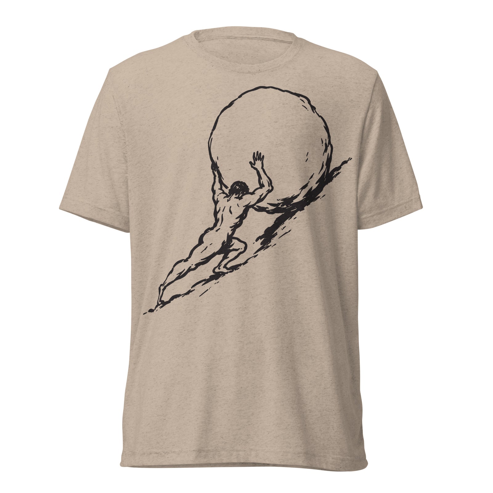 Beige Sisyphus tri-blend t-shirt with black graphic of a man pushing a large boulder on a white background