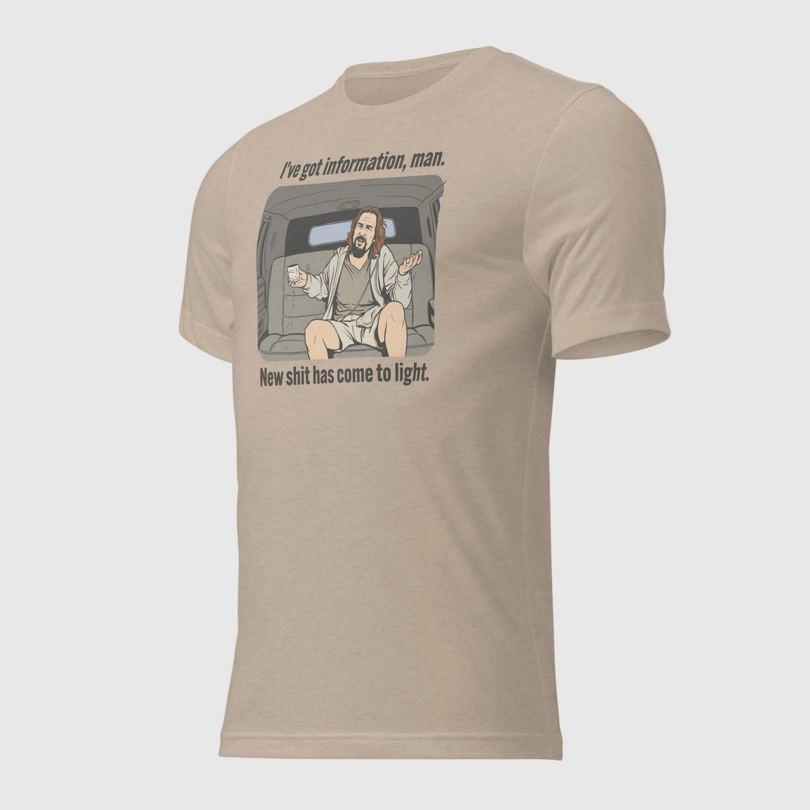 T-shirt design with a The Dude from the Big Lebowski sitting in a car, holding a White Russian, and text about new information coming to light.