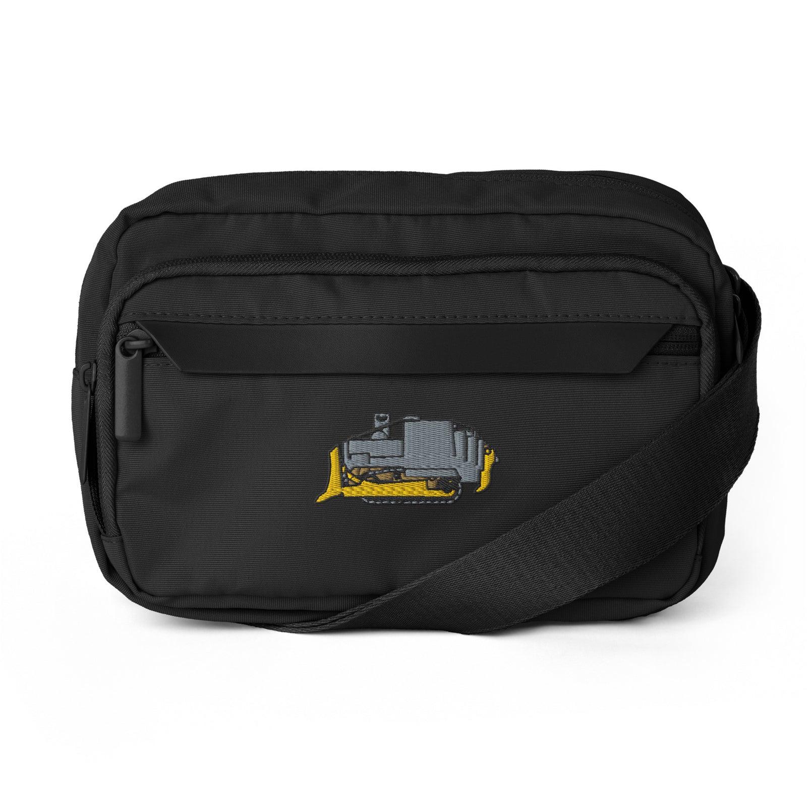 Black crossbody bag with an embroidered Killdozer on a white background