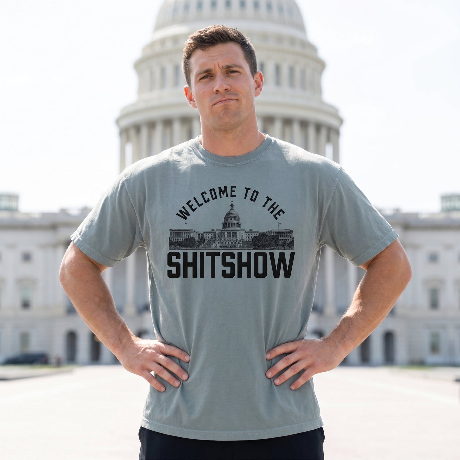 Man wears a 'Welcome to the Shitshow' US Capitol t-shirt from Liberty Maniacs in front of the United States Capitol.
